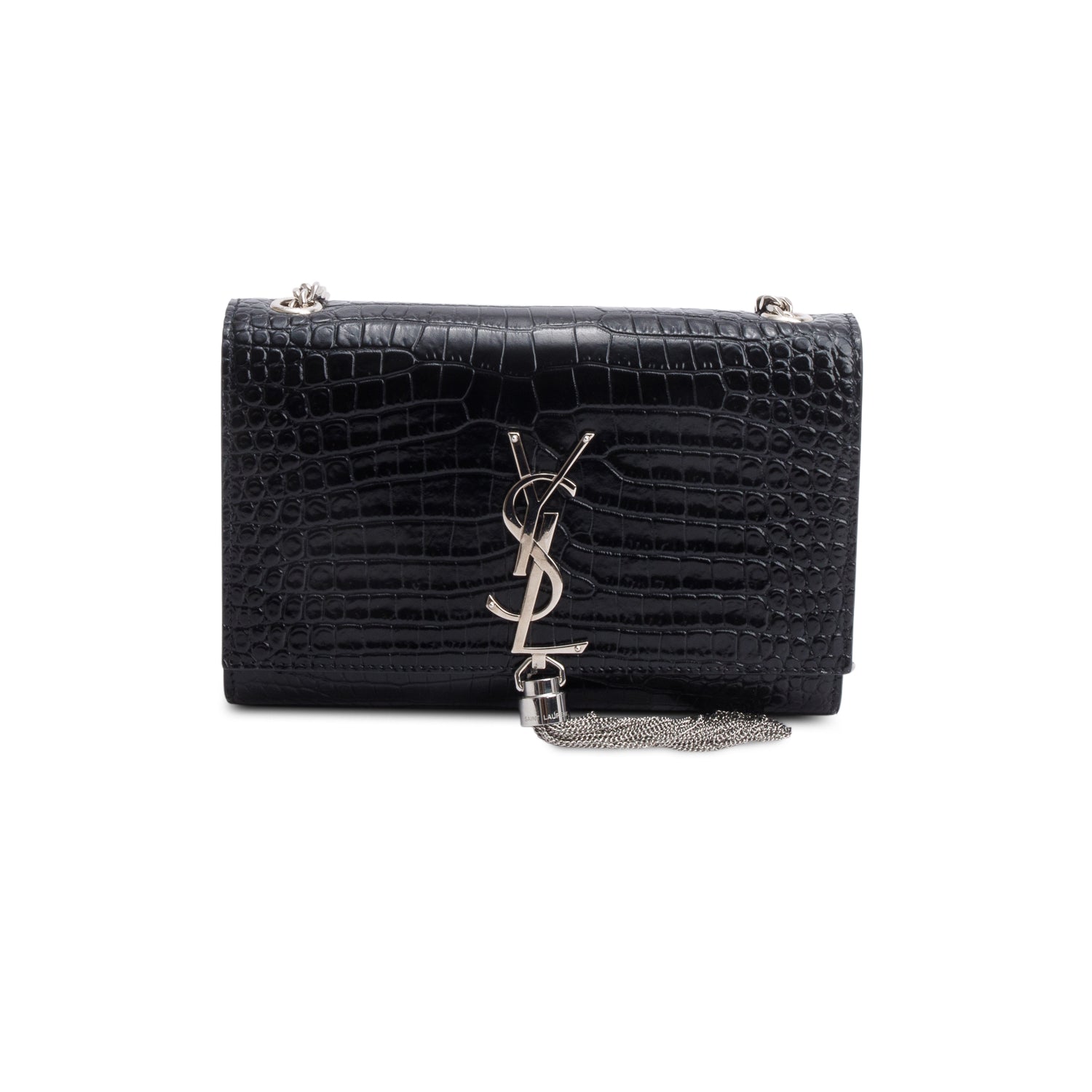 Saint Laurent Black Crocodile-Embossed Leather Small Classic Monogram Kate Tassel Chain Bag