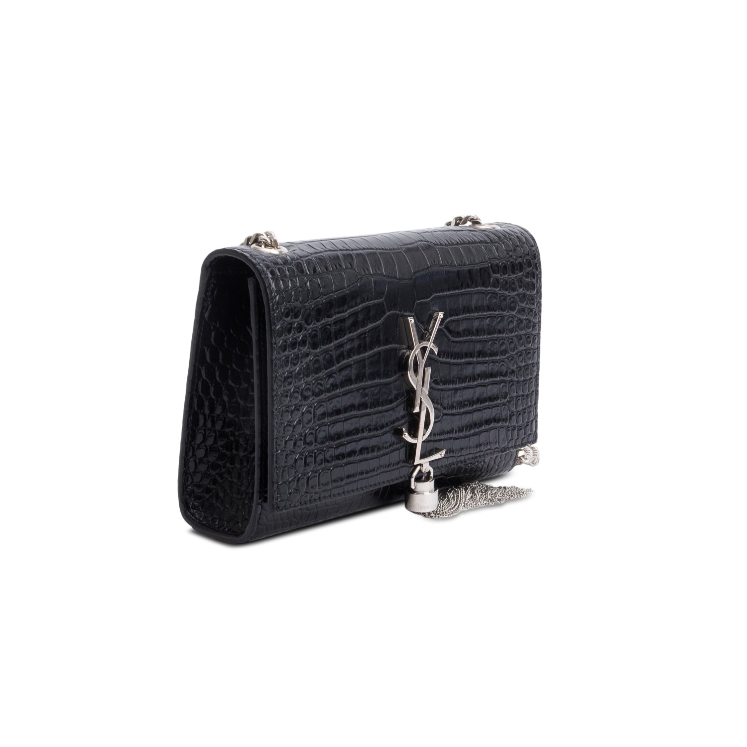 Saint Laurent Black Crocodile-Embossed Leather Small Classic Monogram Kate Tassel Chain Bag
