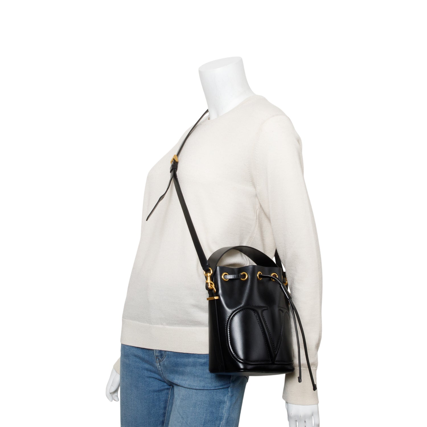 Valentino Black Calfskin Leather Vlogo Walk Bucket Bag
