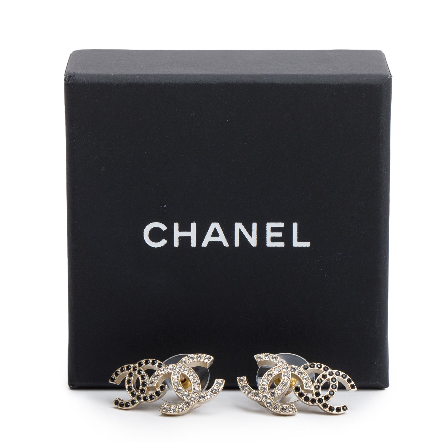 Chanel 2022 Gold-Plated Strass Double CC Stud Earrings w/ Box