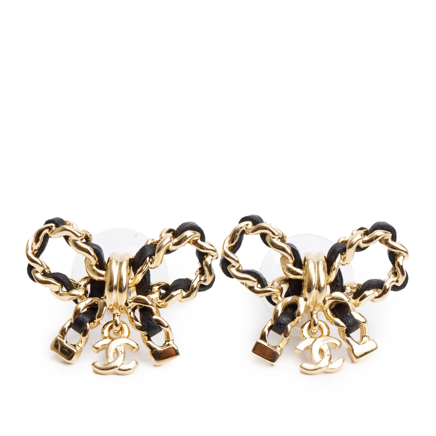 Chanel 2024 Gold Plated & Black Lambskin Leather Bow Stud Earrings w/ Box