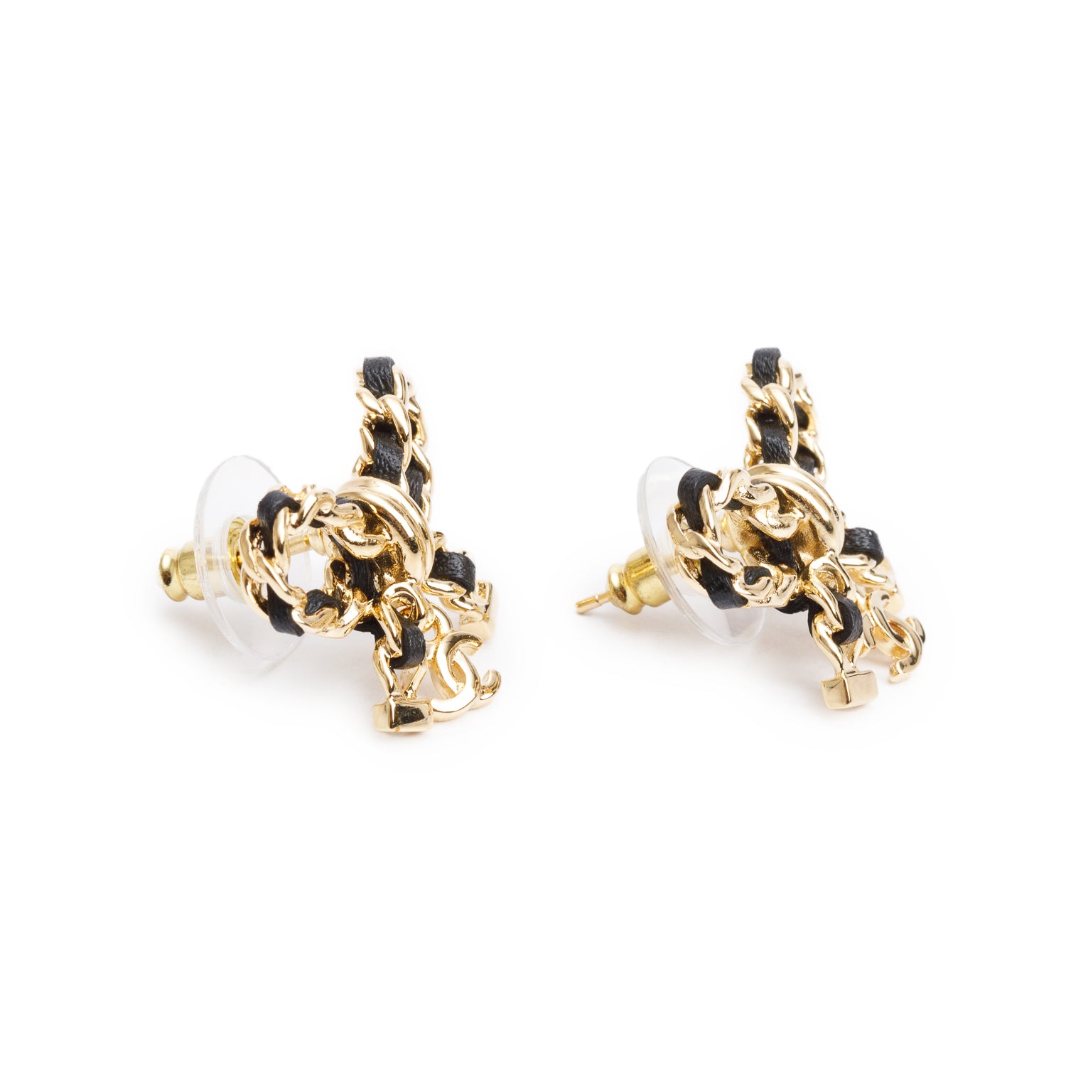 Chanel 2024 Gold Plated & Black Lambskin Leather Bow Stud Earrings w/ Box