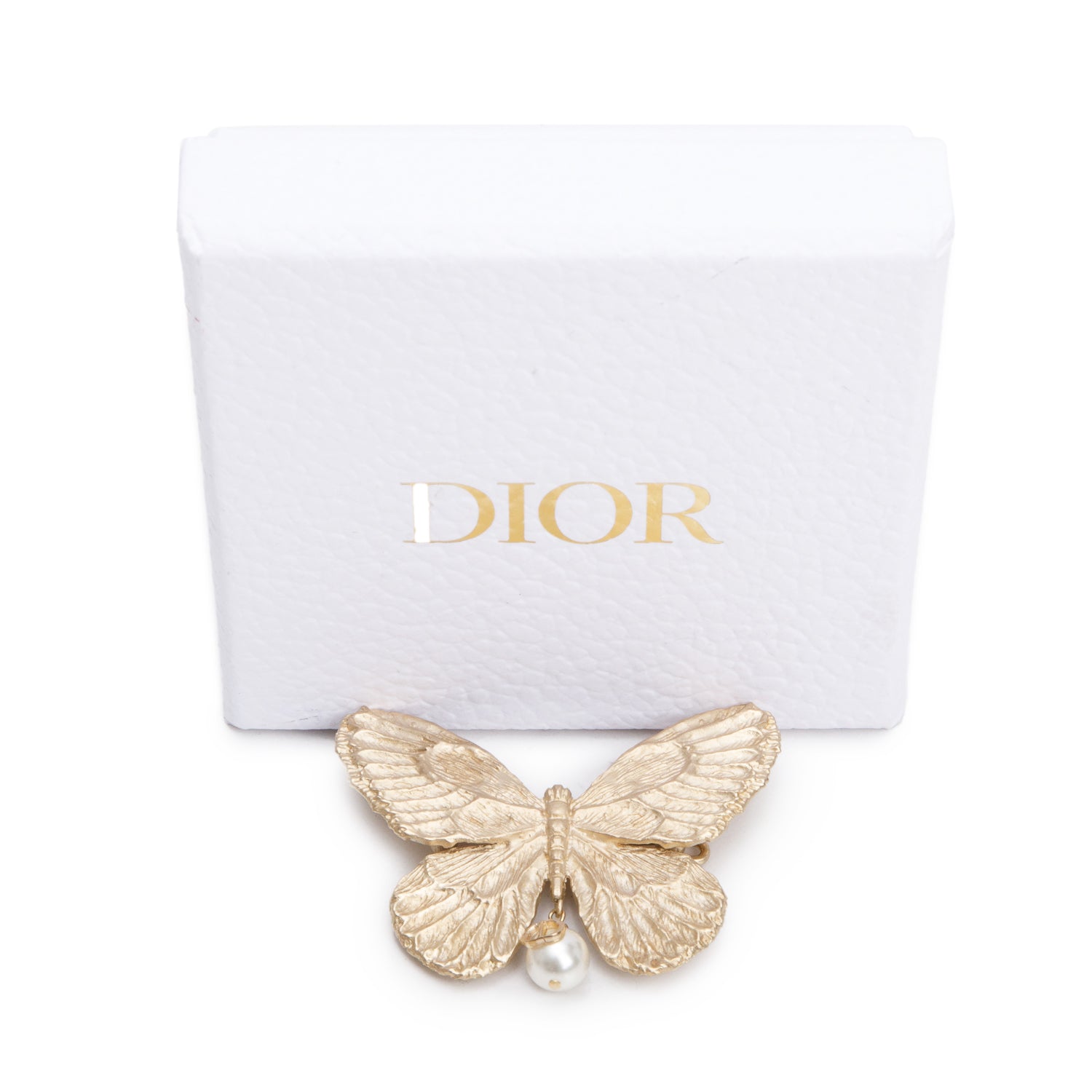 Christian Dior Gold Plated Faux Pearl Buttefly Brooch w/ Box