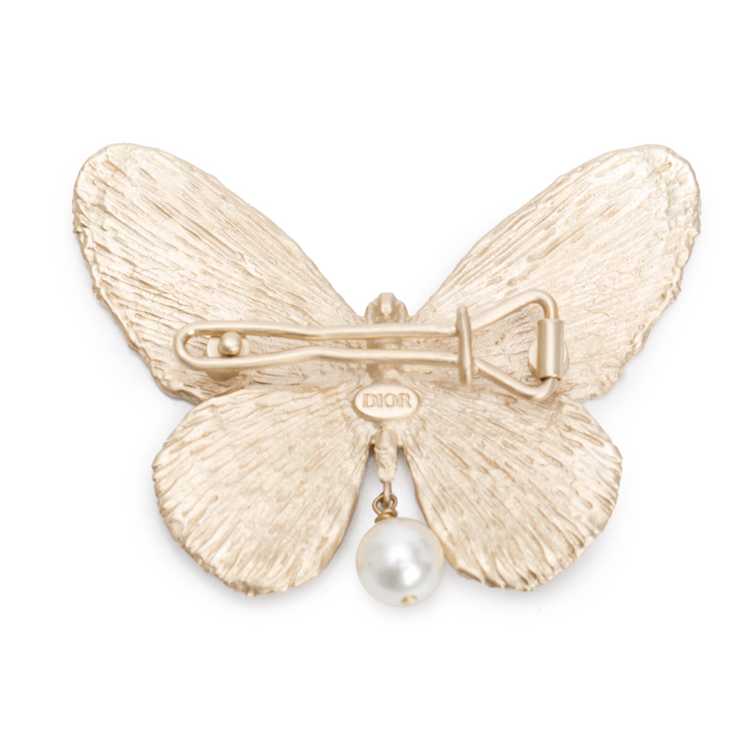 Christian Dior Gold Plated Faux Pearl Buttefly Brooch w/ Box