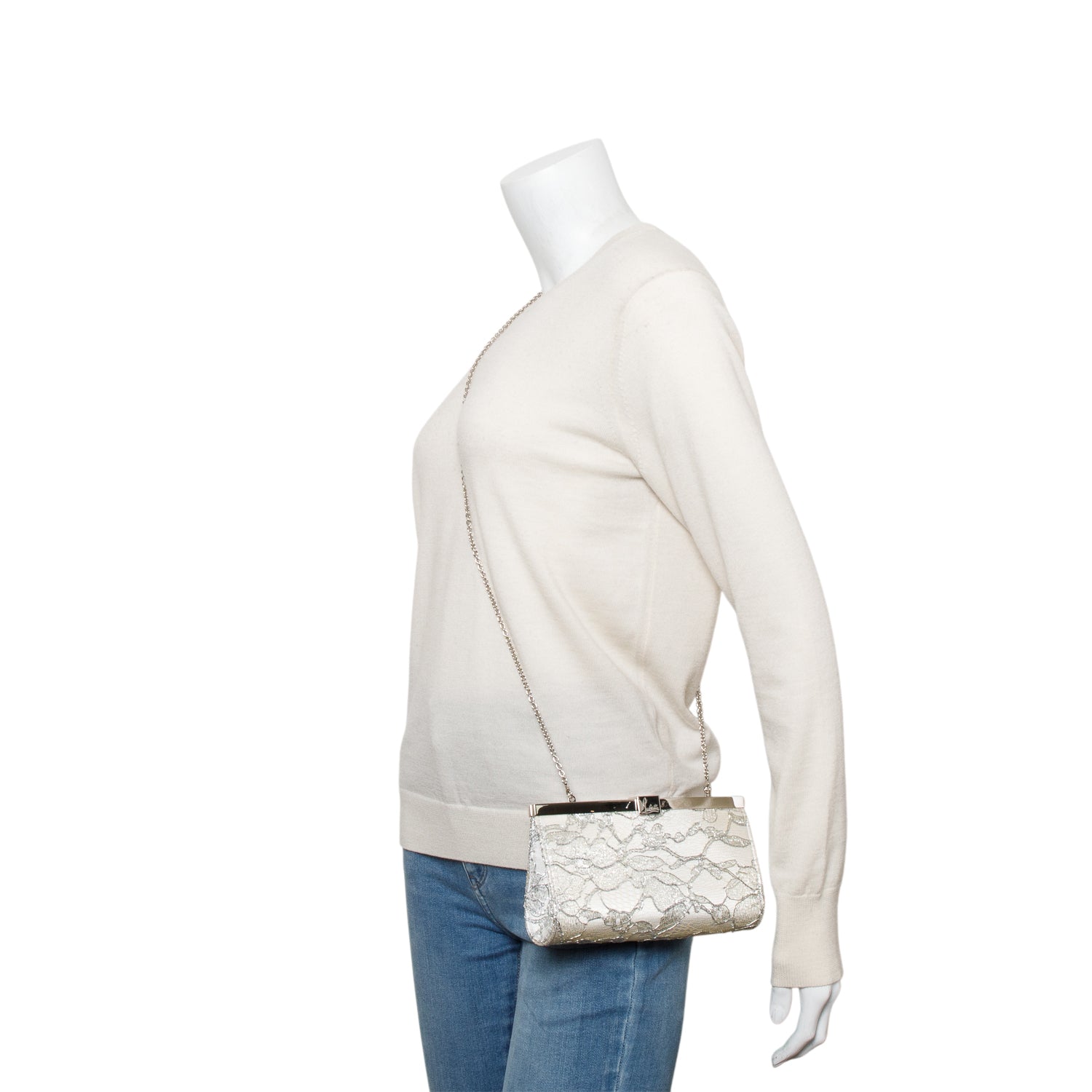 Christian Louboutin White Satin Silver Lace Pattern Dentella Palmette Chain Clutch