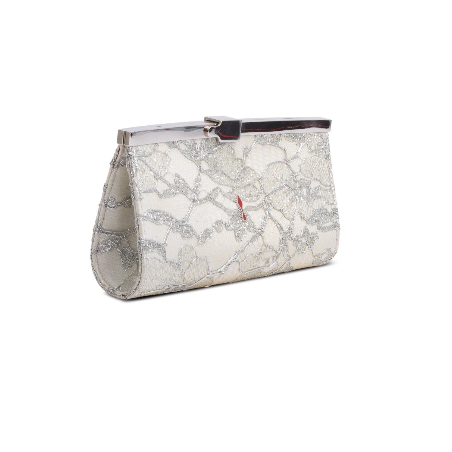 Christian Louboutin White Satin Silver Lace Pattern Dentella Palmette Chain Clutch