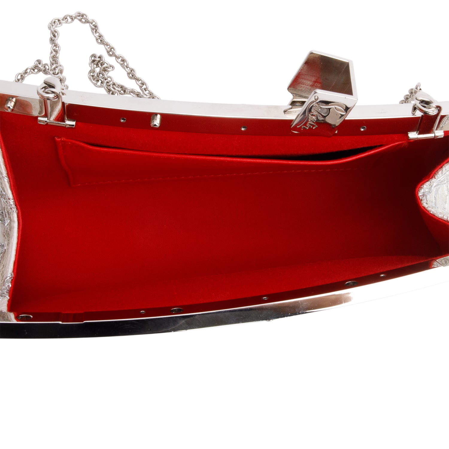 Christian Louboutin White Satin Silver Lace Pattern Dentella Palmette Chain Clutch