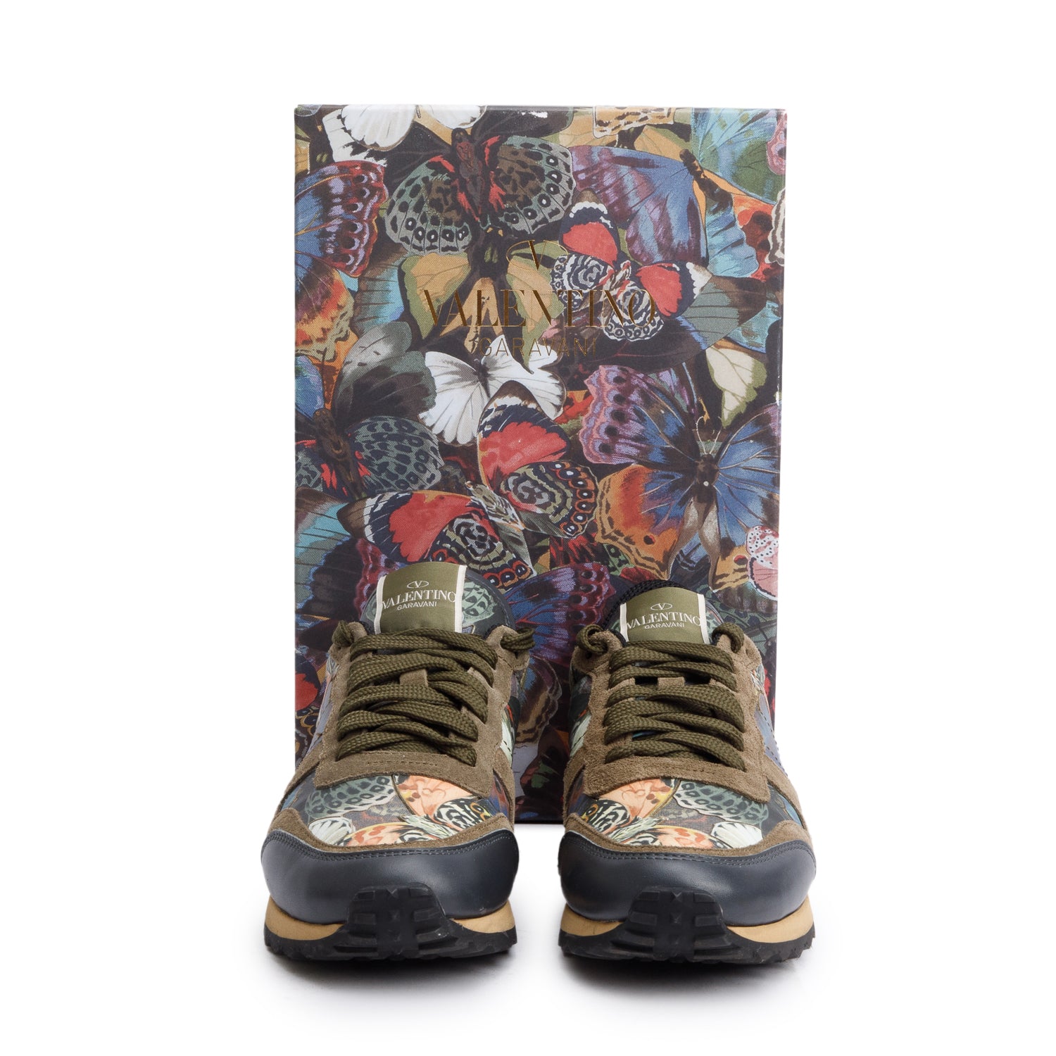 Valentino Green Multicolor Printed Rockstud Athletic Low-Top Sneakers, Size 8 w/ Box