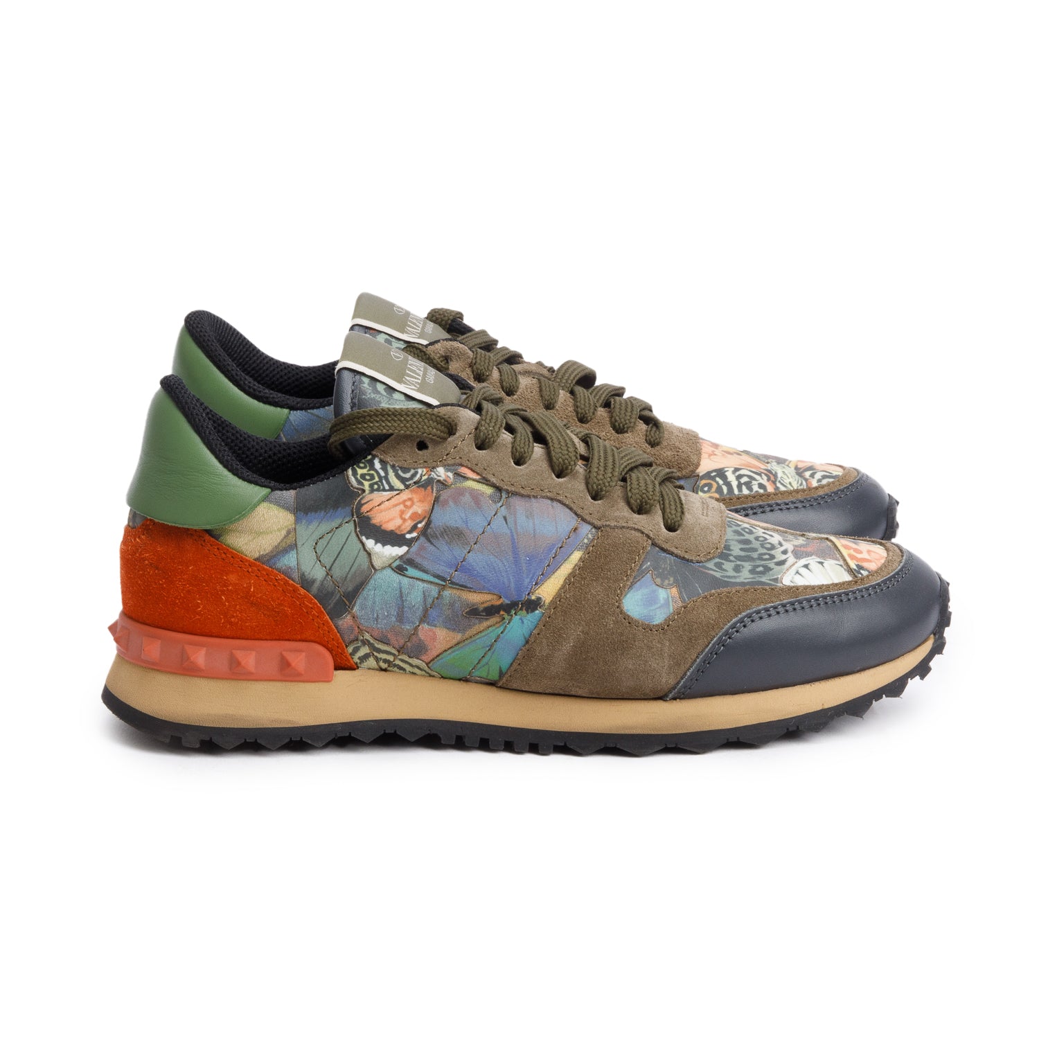 Valentino Green Multicolor Printed Rockstud Athletic Low-Top Sneakers, Size 8 w/ Box