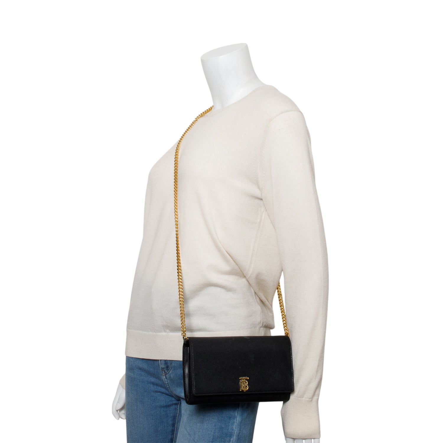 Burberry Black Calfskin Leather TB Hanna Wallet on Chain w/ Box