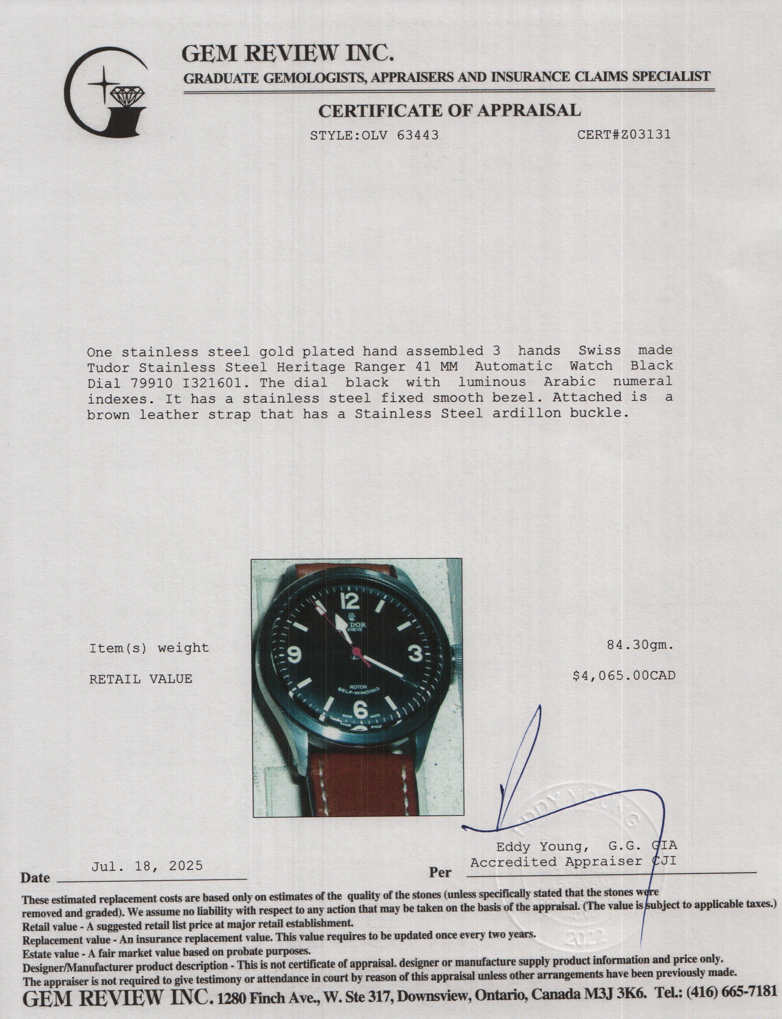 Tudor Stainless Steel Heritage Ranger 41 MM Automatic Watch Black Dial 79910 w/ Box & Papers