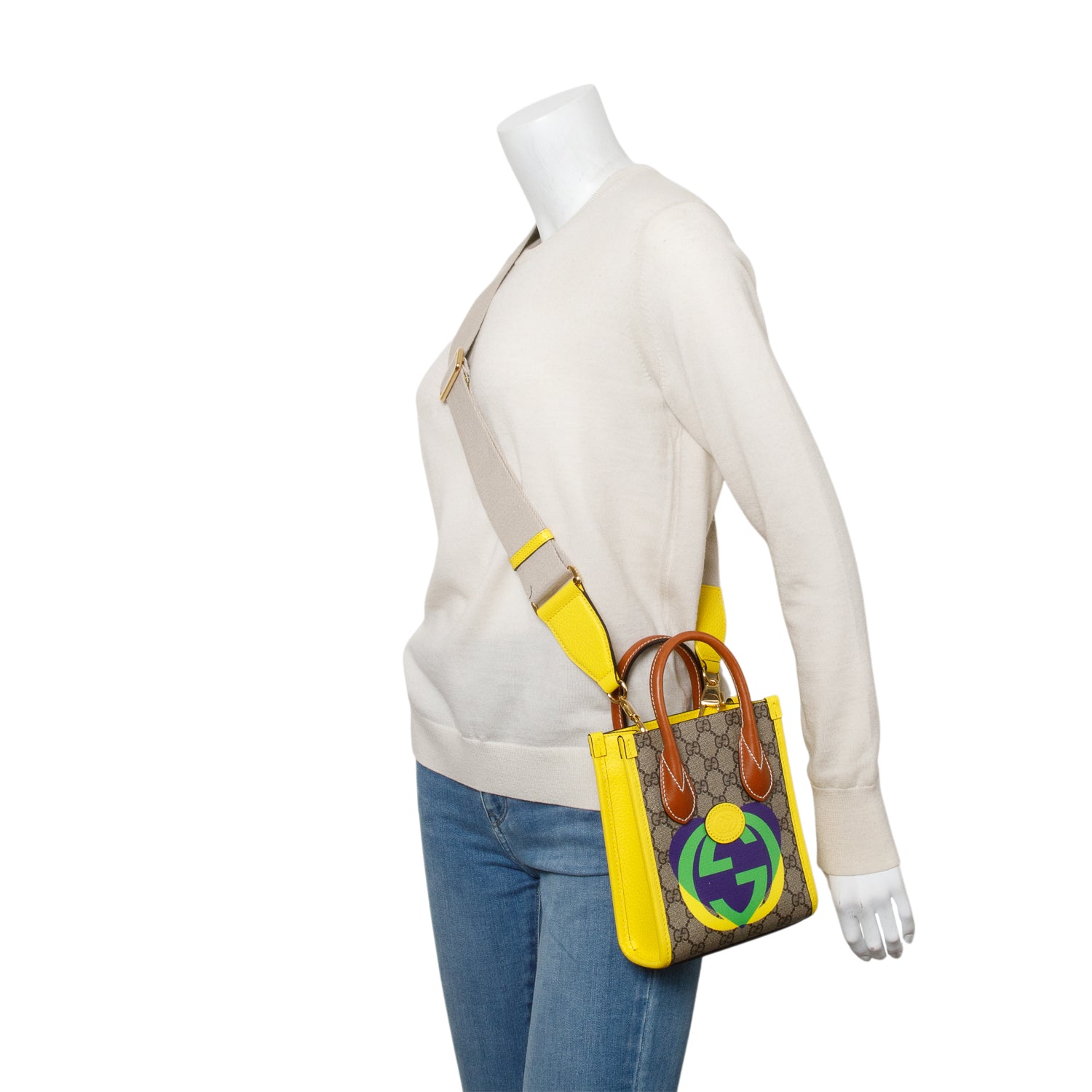 Gucci GG Supreme Yellow Leather Trim Heart Interlocking G Mini Tote w/ Strap