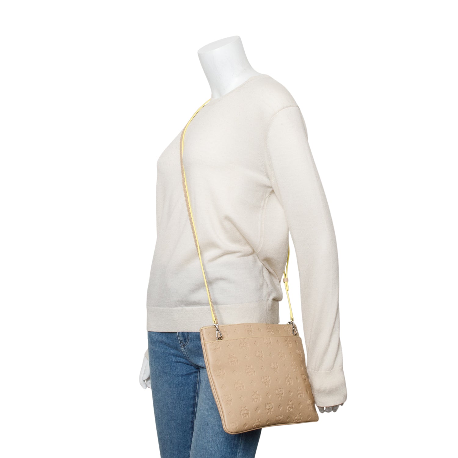MCM Beige Embossed Leather Portuna Clutch Crossbody Bag w/ Strap