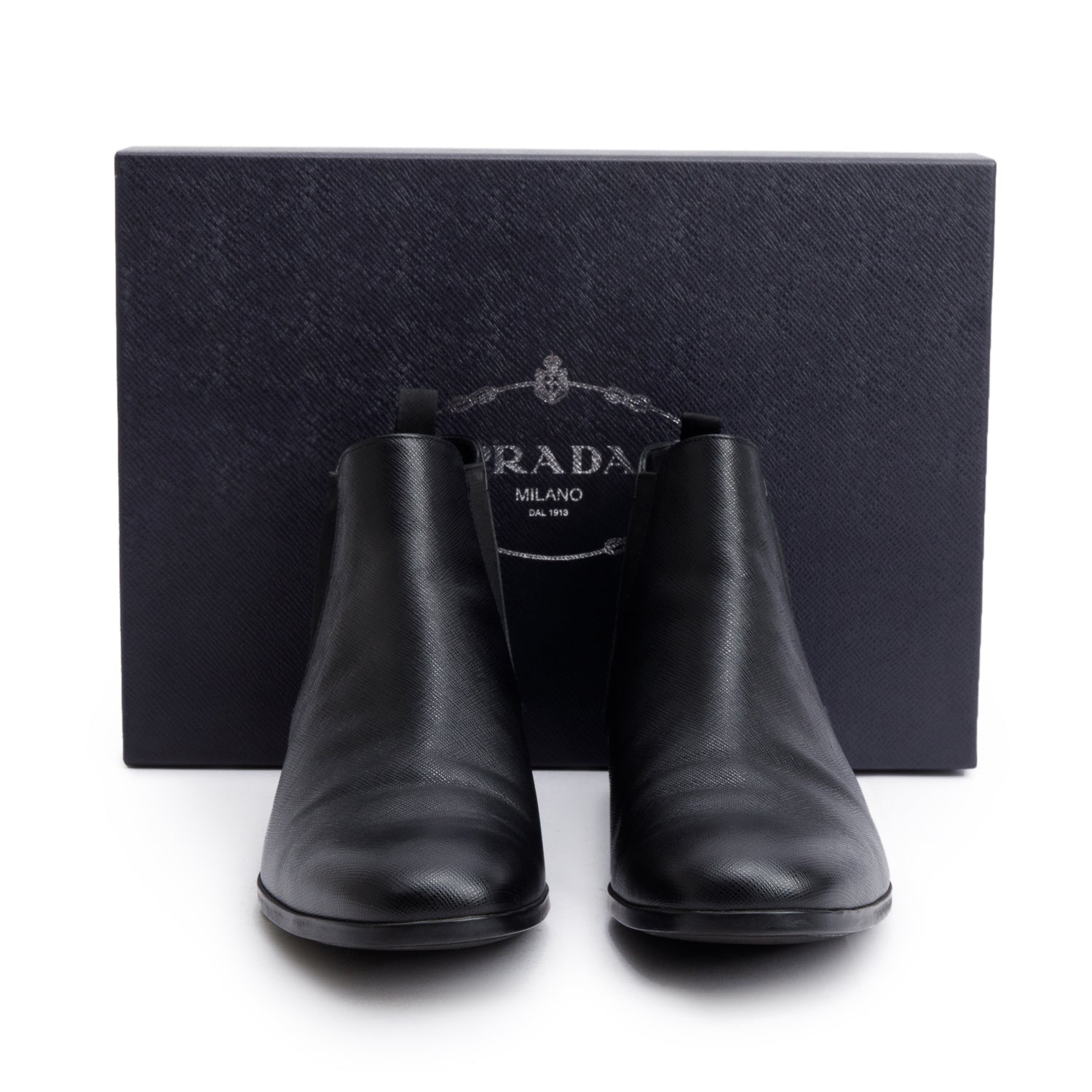 Prada Black Saffiano Leather Chelsea Ankle Boots, Men's Size 8.5 w/ Box
