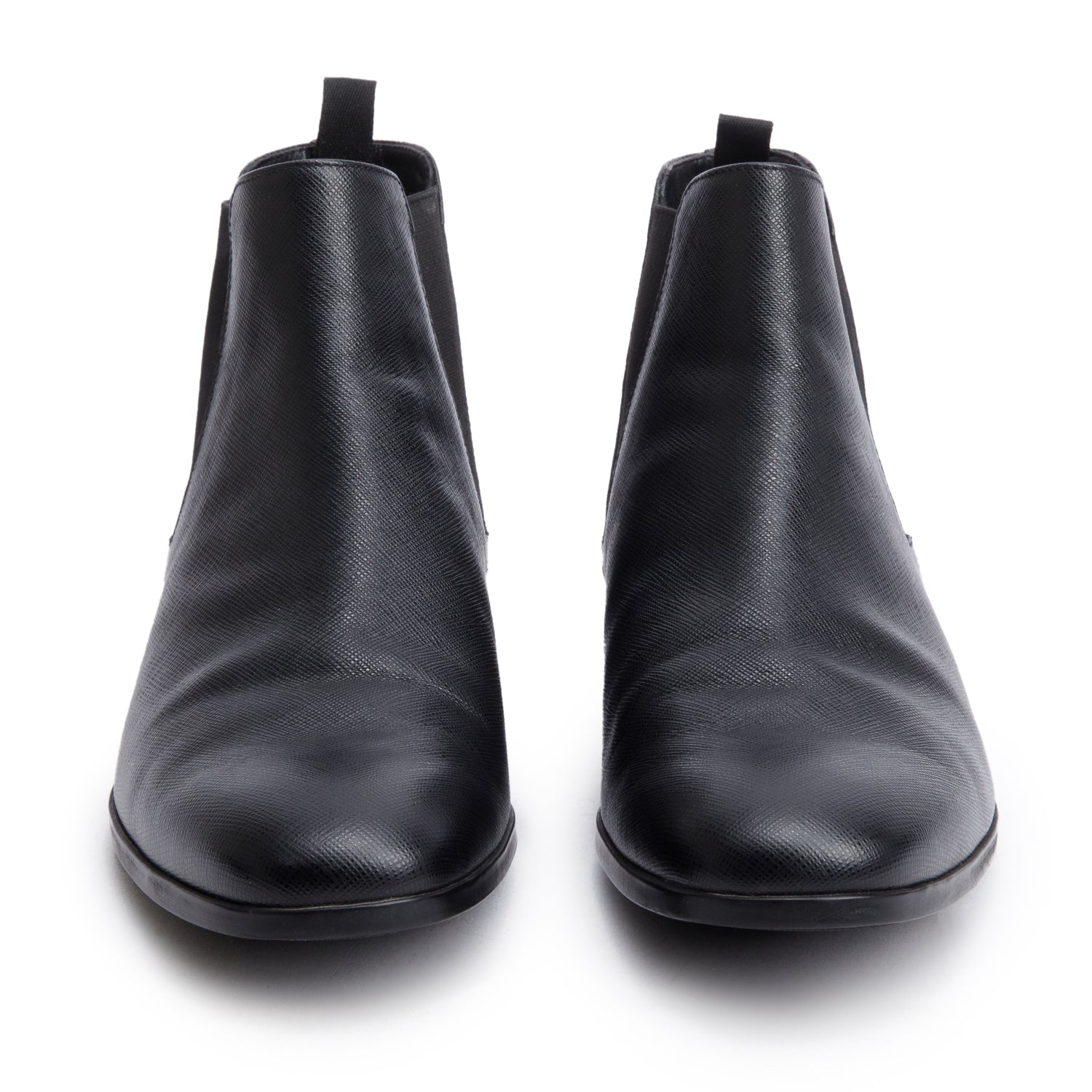 Prada Black Saffiano Leather Chelsea Ankle Boots, Men's Size 8.5 w/ Box