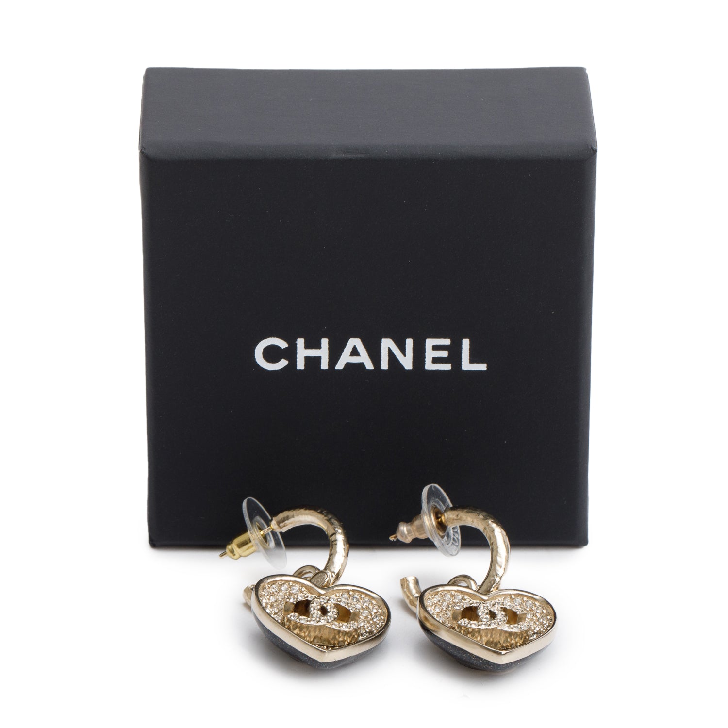 Chanel 2023 Gold Plated Resin & Strass CC Heart Drop Earrings w/ Box