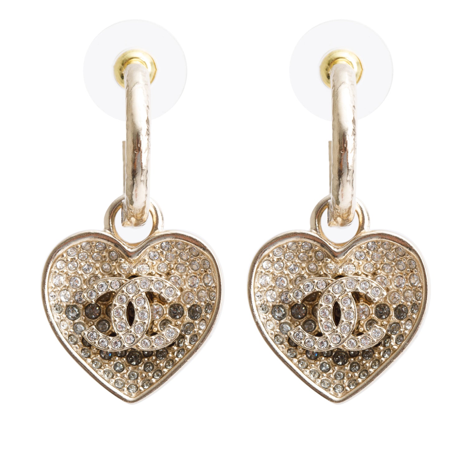Chanel 2023 Gold Plated Resin & Strass CC Heart Drop Earrings w/ Box