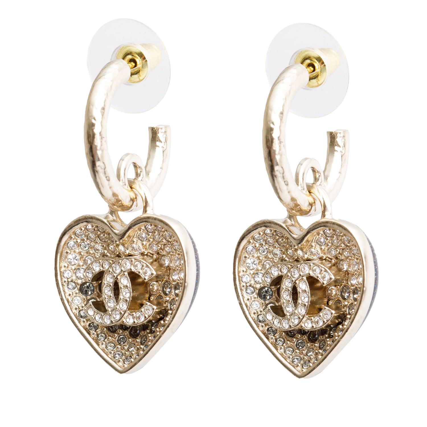 Chanel 2023 Gold Plated Resin & Strass CC Heart Drop Earrings w/ Box