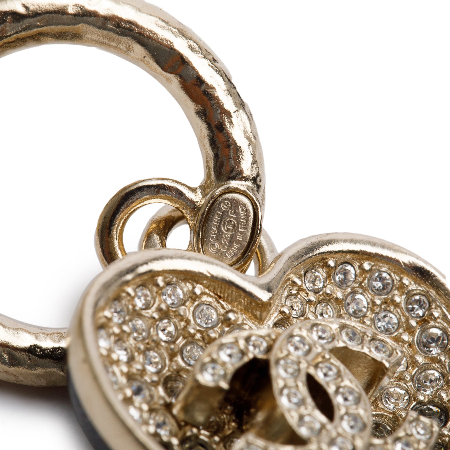 Chanel 2023 Gold Plated Resin & Strass CC Heart Drop Earrings w/ Box