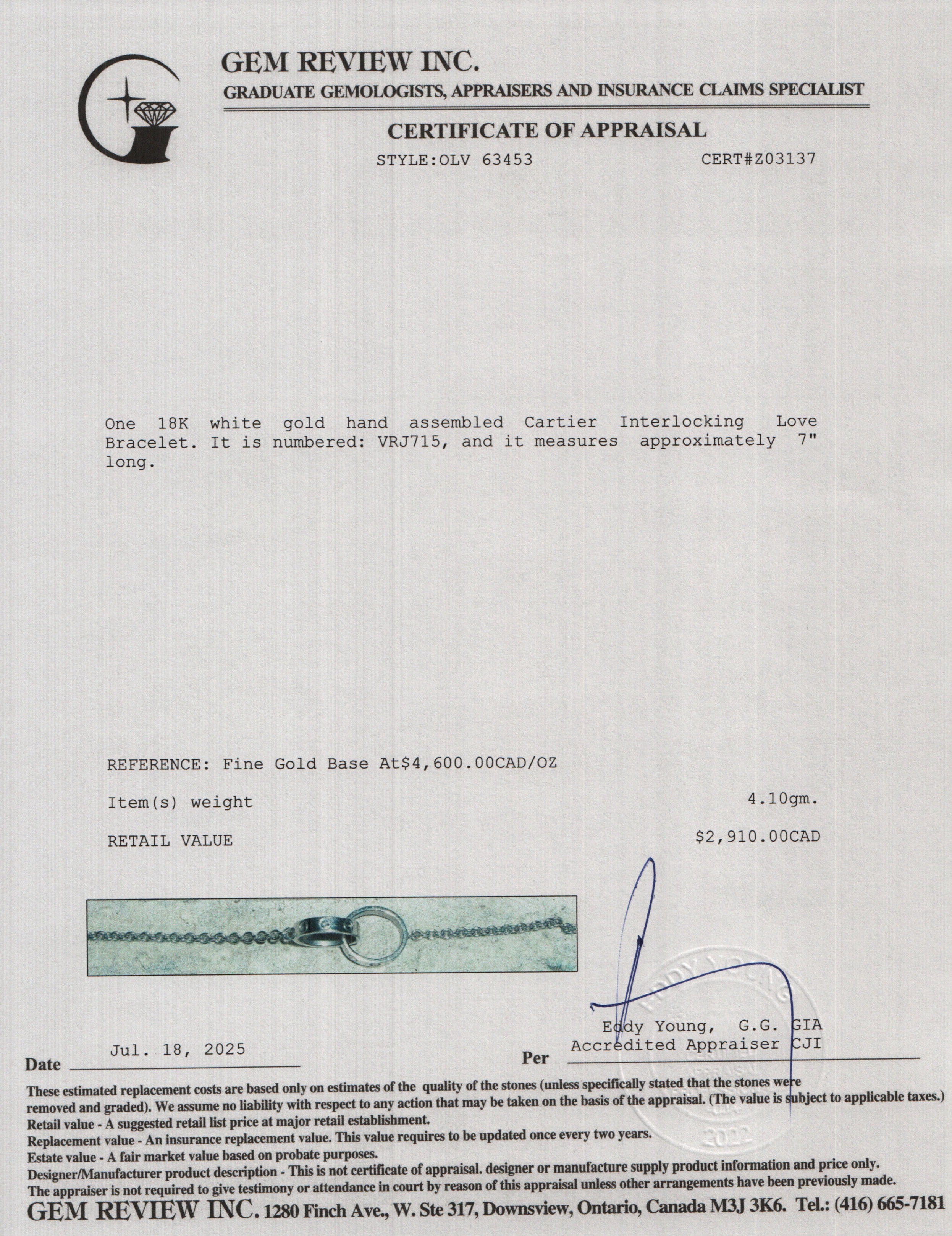 Cartier 18k White Gold Interlocking Love Bracelet w/ Receipt