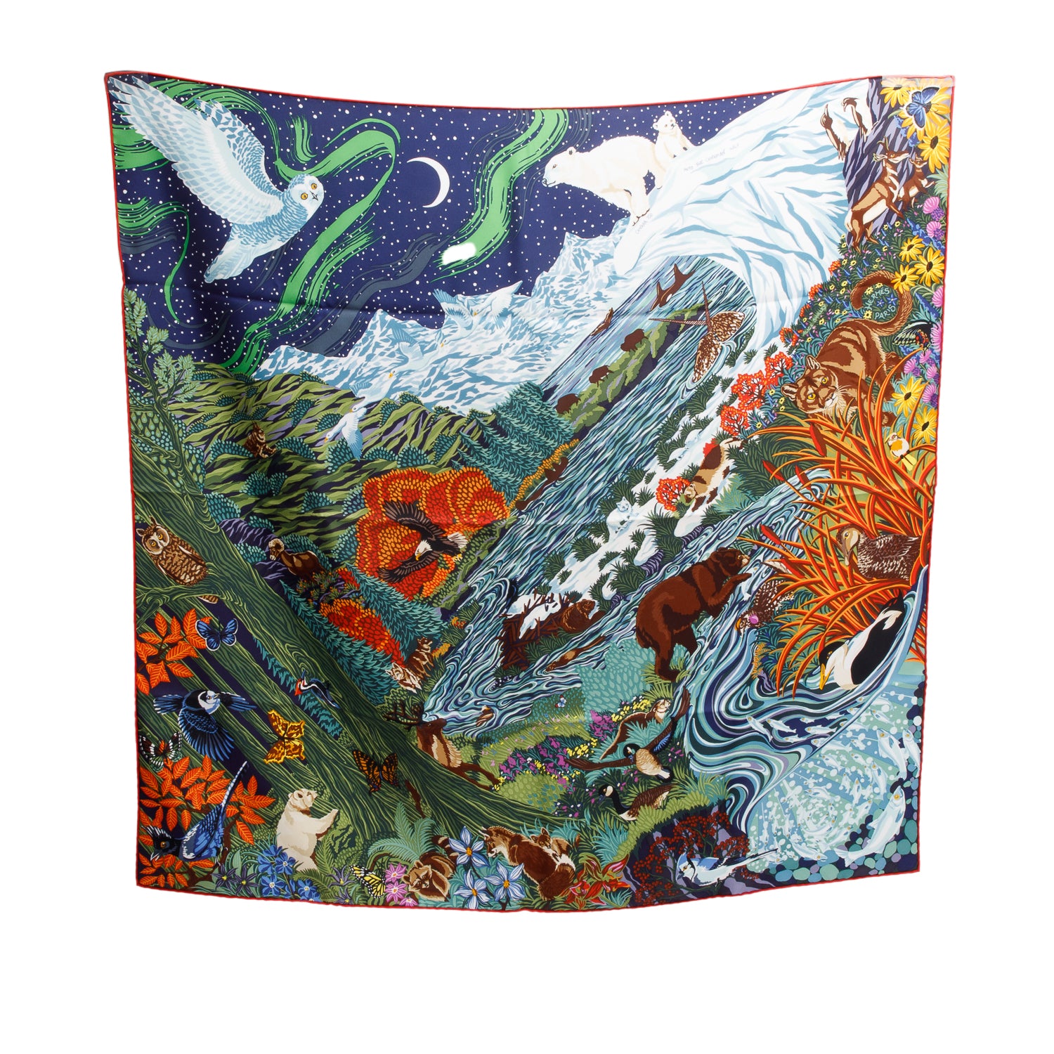 Hermes Green/Multicolor 'Into The Canadian Wild' Silk Scarf 90 w/ Box