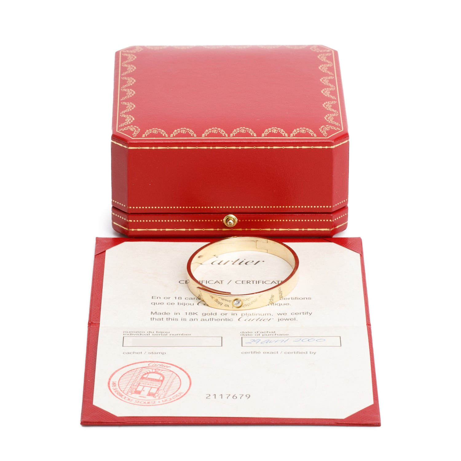 Cartier Vintage 18k Yellow Gold Diamond Anniversary Bracelet, Size 16 w/ Box & Certificate
