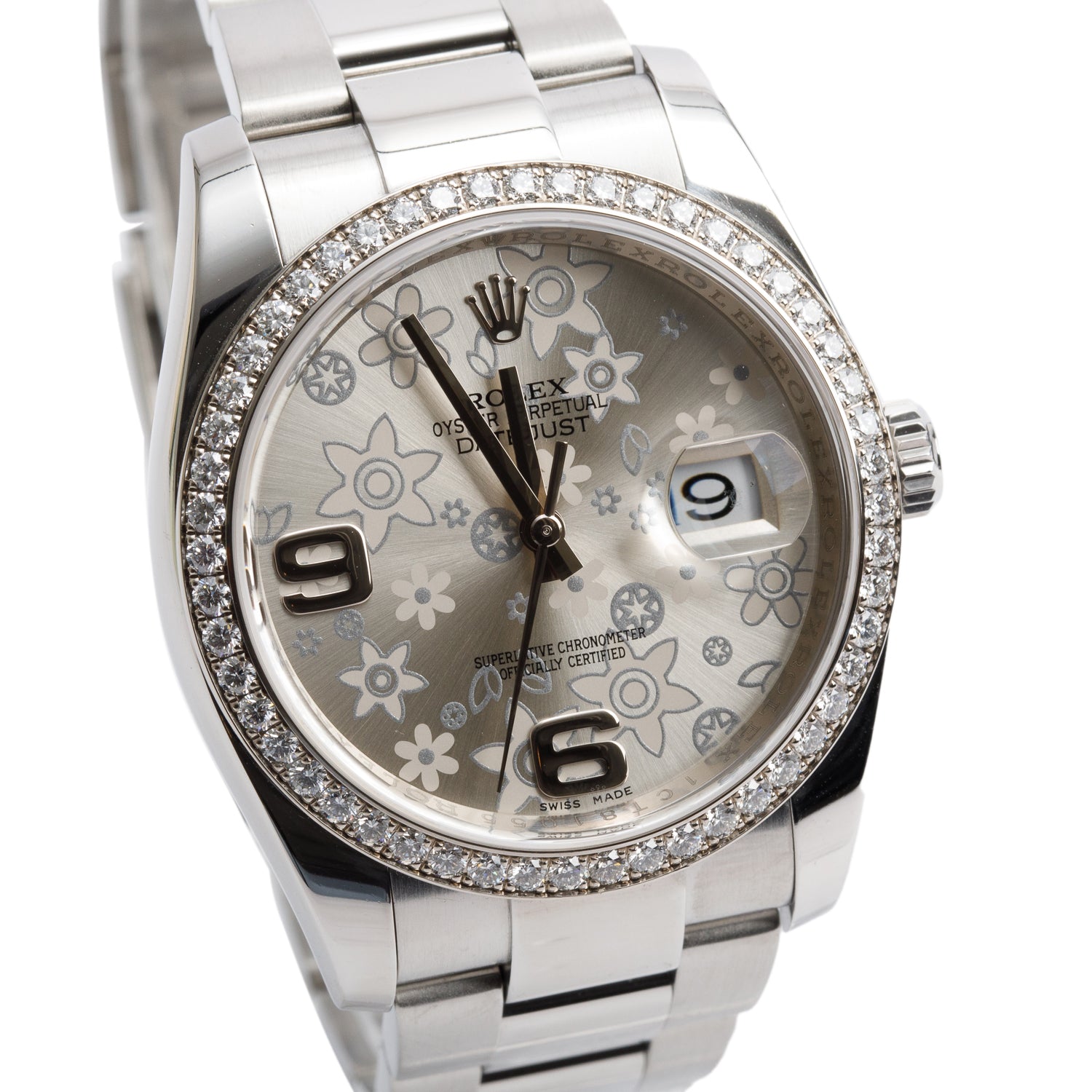 Rolex Stainless Steel Datejust Diamond Bezel 36 MM Datejust Watch Silver Floral Dial 116244 w/ Box