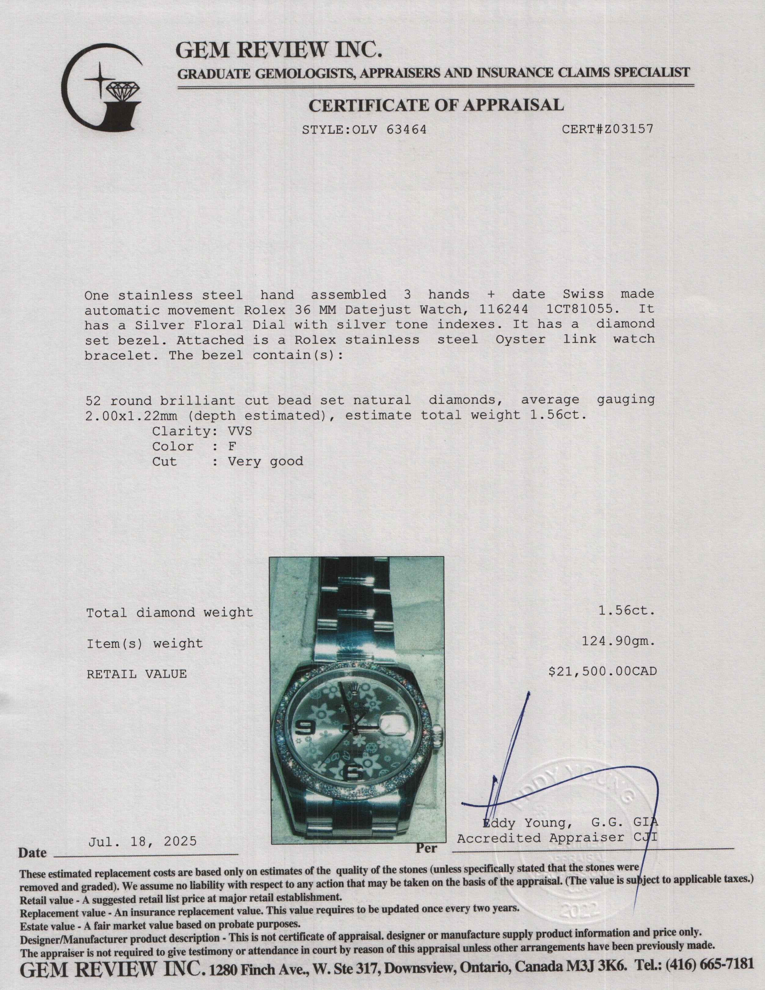 Rolex Stainless Steel Datejust Diamond Bezel 36 MM Datejust Watch Silver Floral Dial 116244 w/ Box