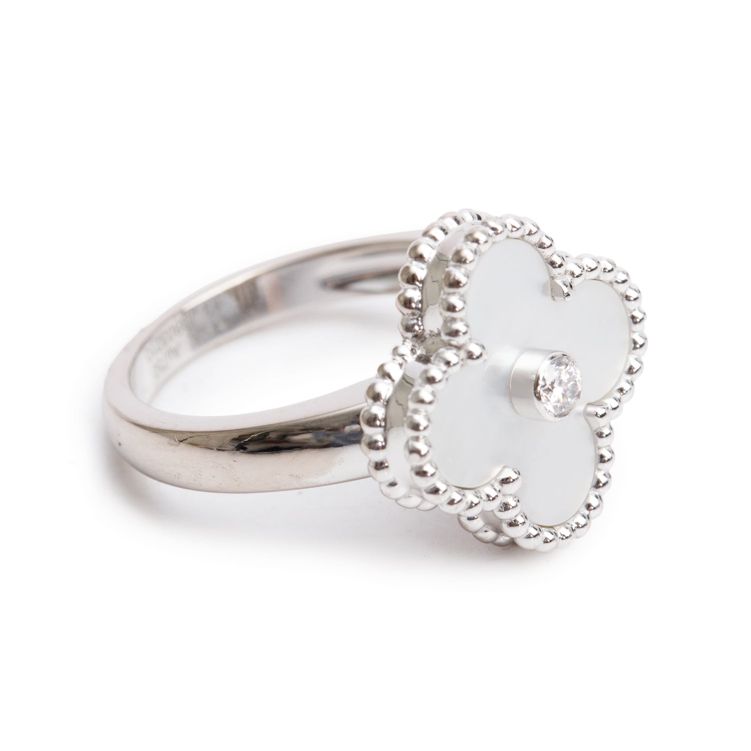 Van Cleef & Arpels 18k White Gold Vintage Alhambra Mother of Pearl & Diamond Ring, Size 49 5 w/ Box & Receipt