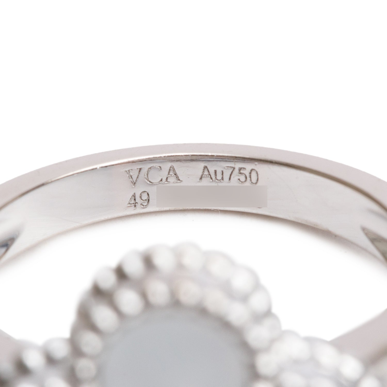 Van Cleef & Arpels 18k White Gold Vintage Alhambra Mother of Pearl & Diamond Ring, Size 49 5 w/ Box & Receipt