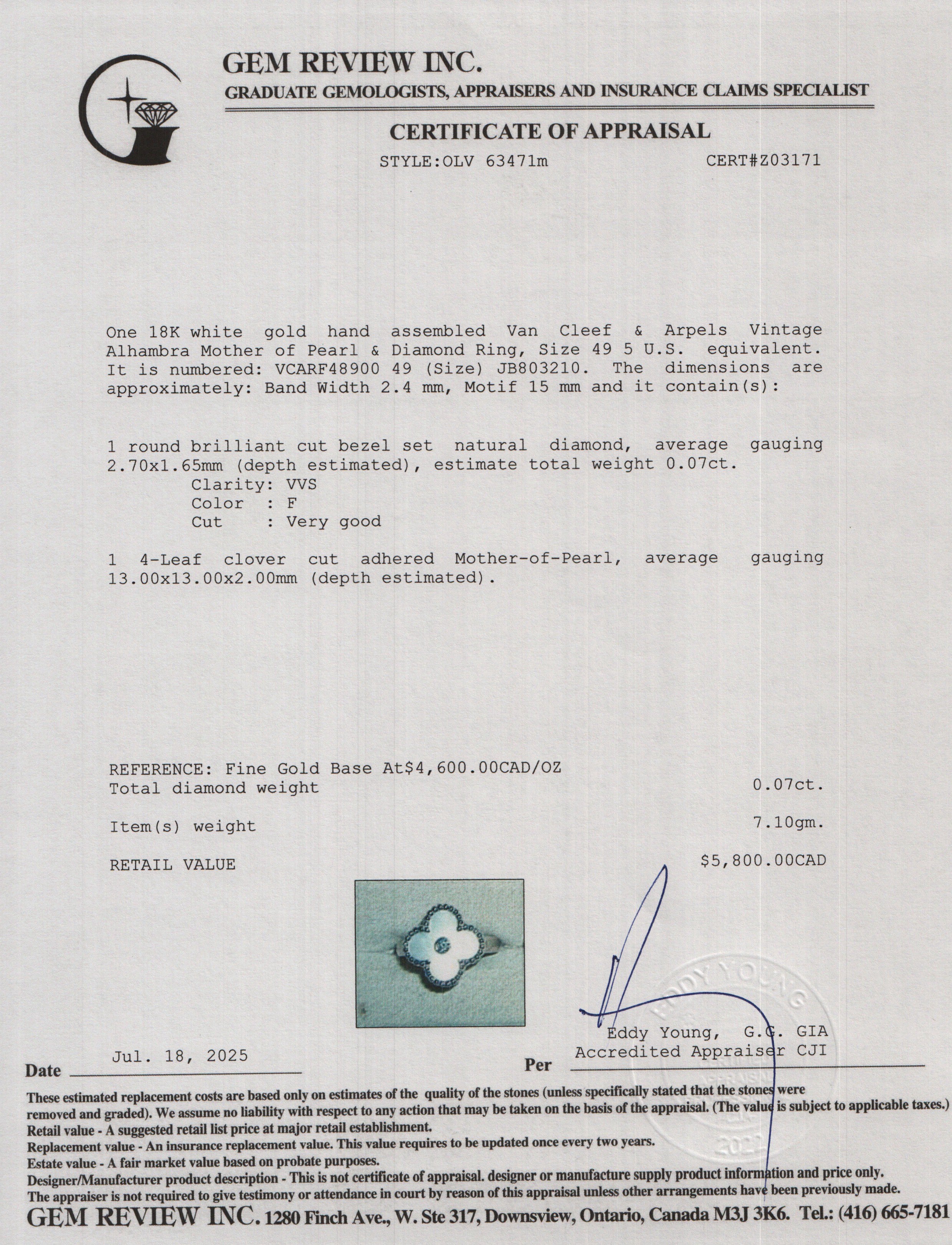 Van Cleef & Arpels 18k White Gold Vintage Alhambra Mother of Pearl & Diamond Ring, Size 49 5 w/ Box & Receipt