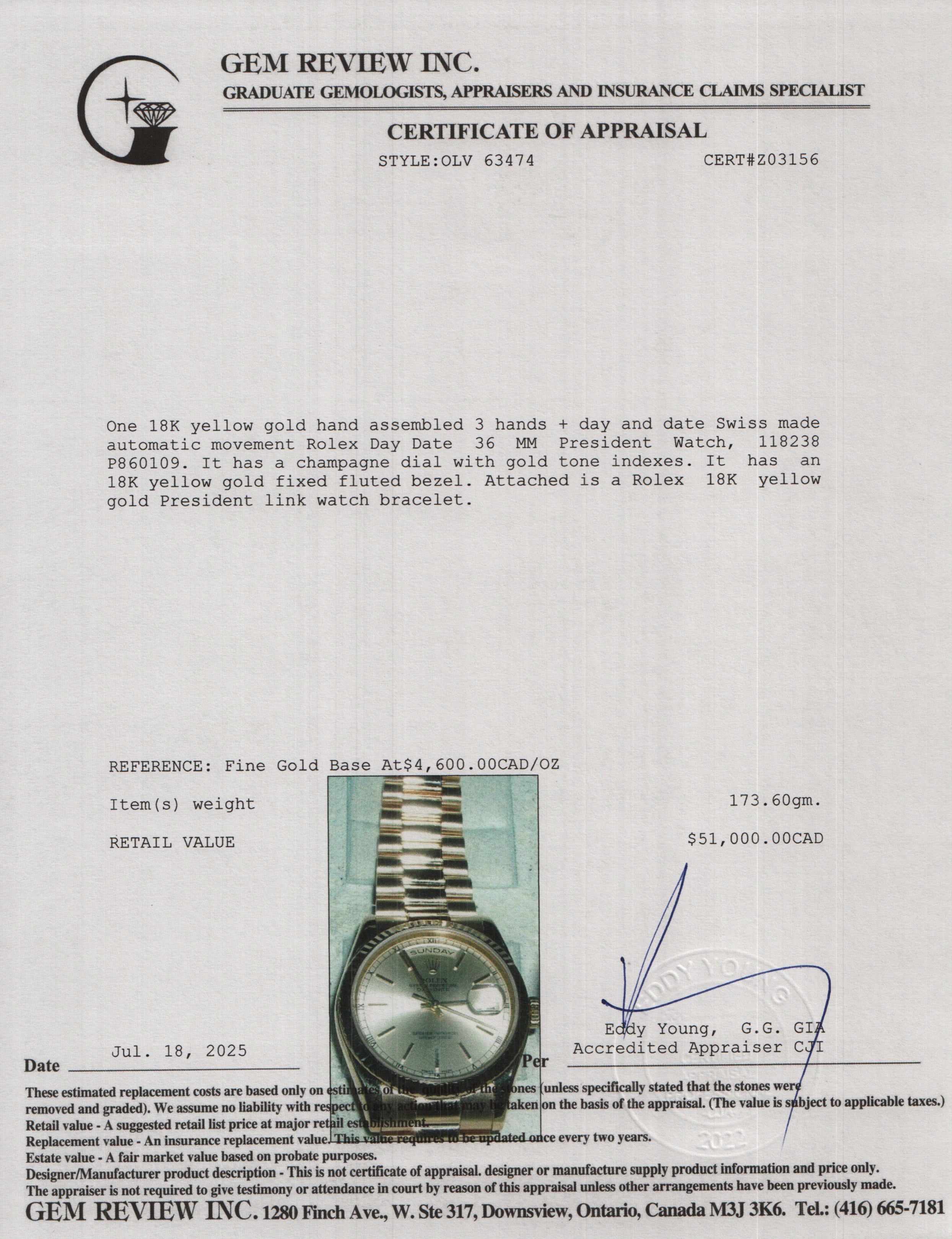 Rolex 18k Yellow Gold Day Date 36 MM President Watch 118238 w/ Box & Papers