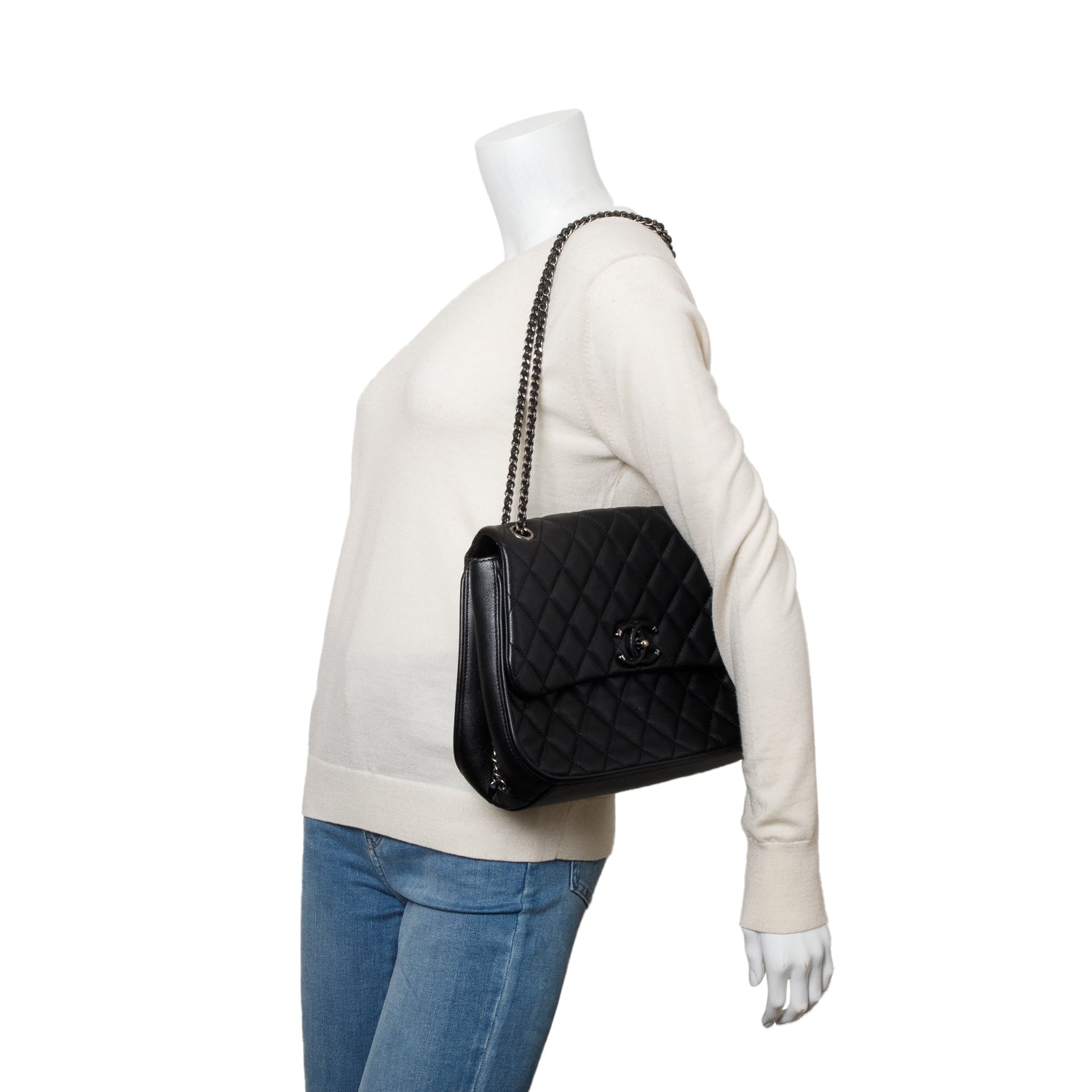 Chanel Black Quilted Calfskin Leather Large Frame In Chain Flap Bag w/ Authenticity Card