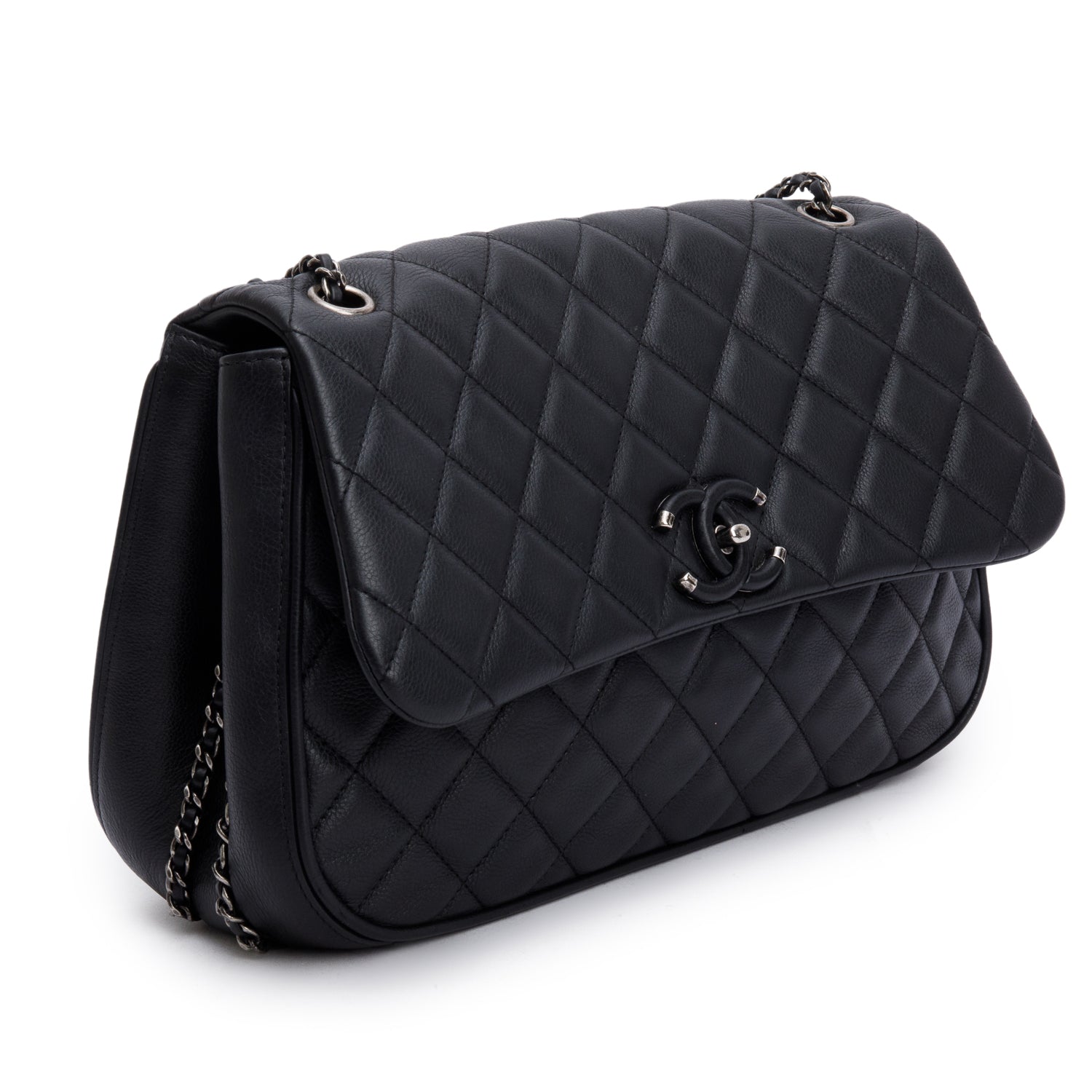 Chanel Black Quilted Calfskin Leather Large Frame In Chain Flap Bag w/ Authenticity Card