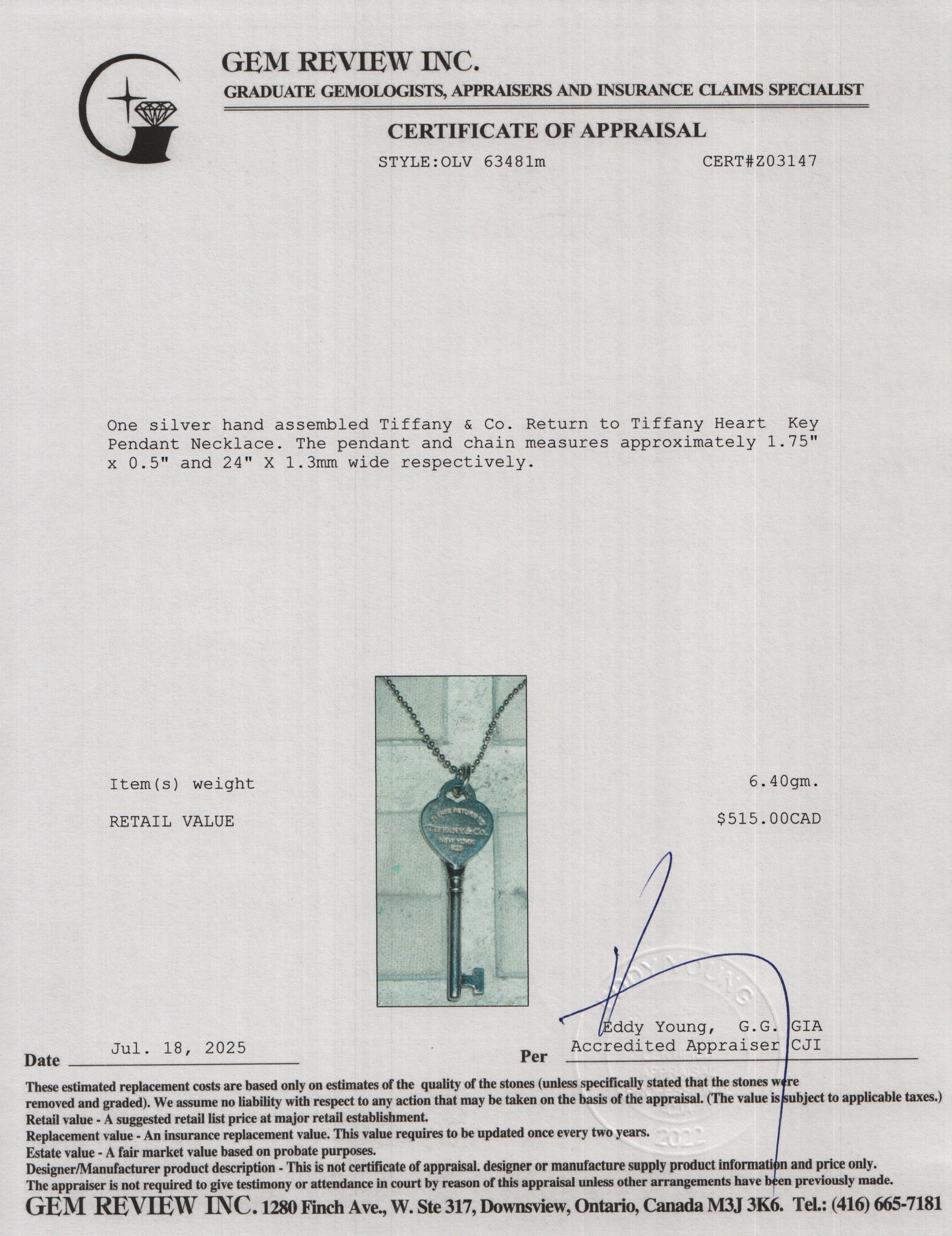 Tiffany & Co. Sterling Silver Return to Tiffany Heart Key Pendant Necklace