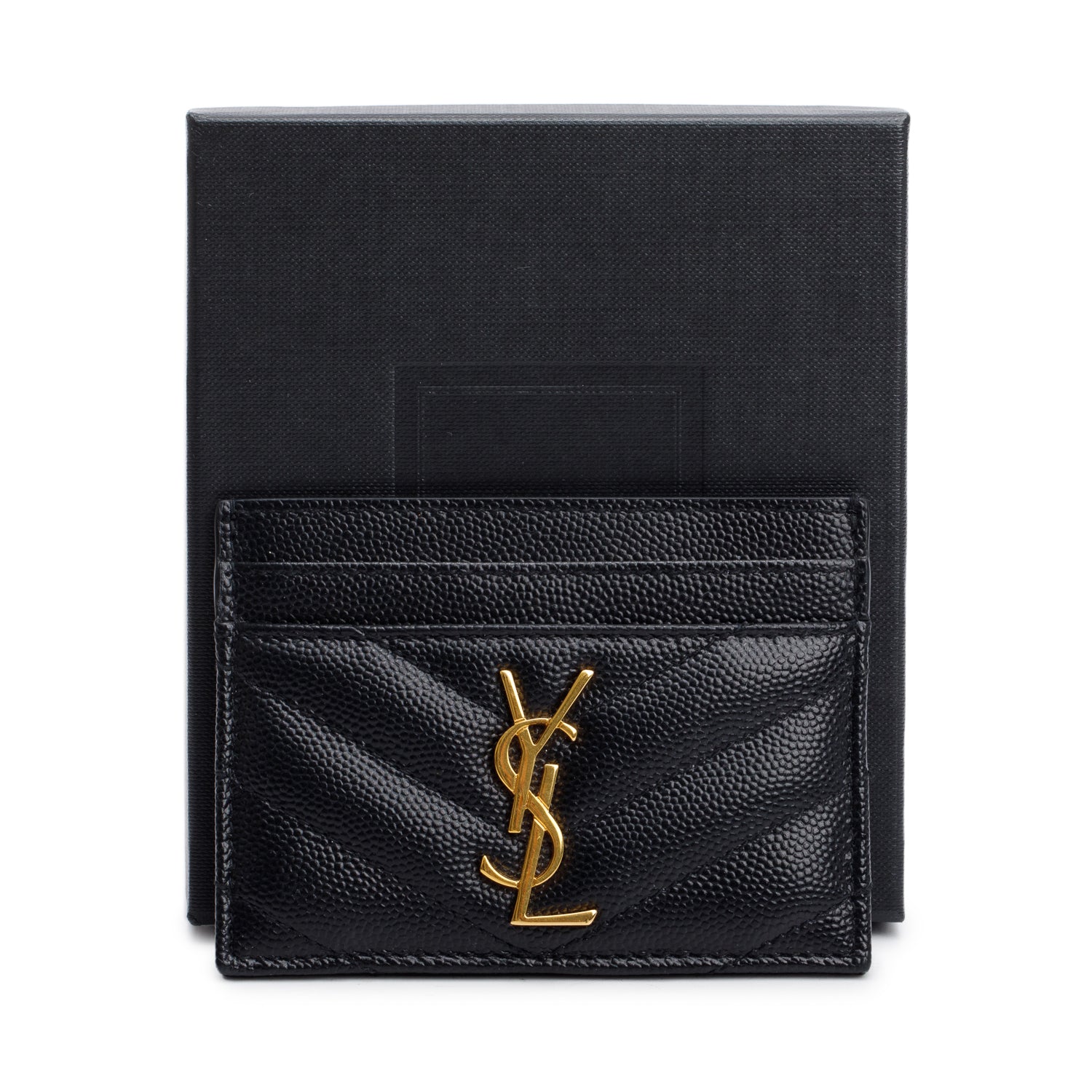 Saint Laurent Black Grain de Poudre Matelasse Chevron Leather Card Holder w/ Box