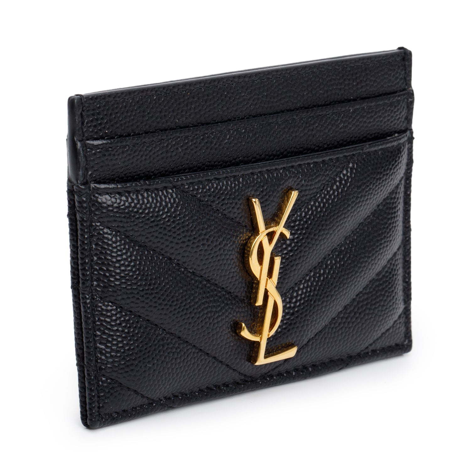 Saint Laurent Black Grain de Poudre Matelasse Chevron Leather Card Holder w/ Box