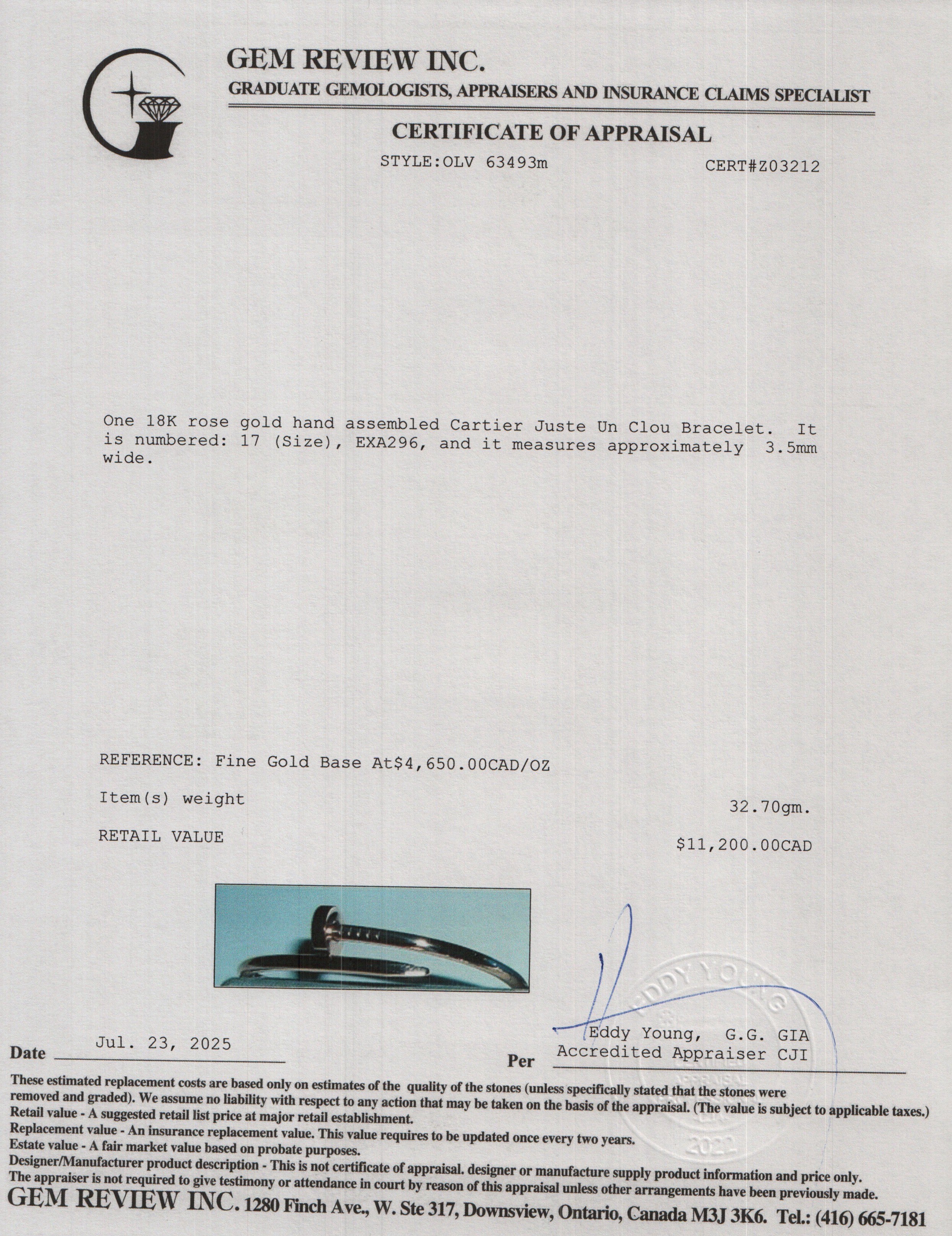 Cartier 18k Rose Gold Juste Un Clou Bracelet, Size 17 w/ Box & Certificate