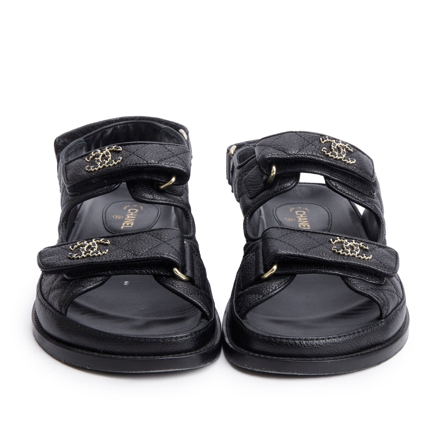 Chanel Black Caviar Leather Interlocking CC Logo Sandals, Size 36.5 w/ Box
