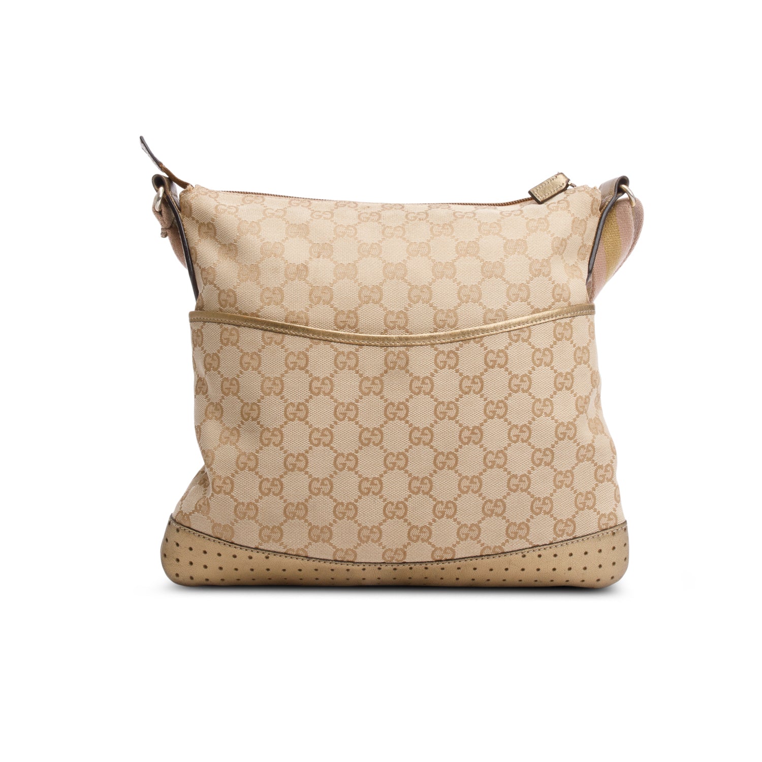 Gucci Gold Leather Trim GG Canvas Perforated Medium Messenger Bag