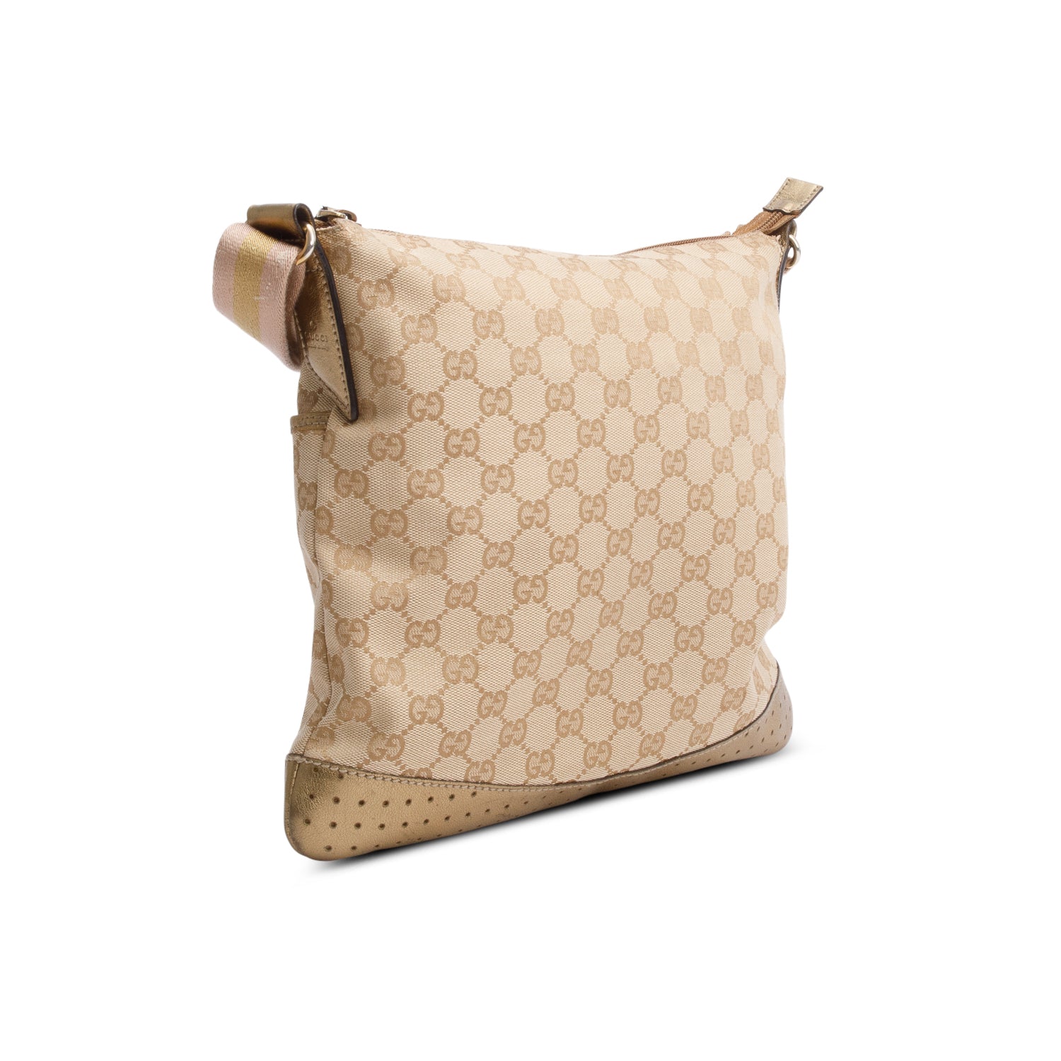 Gucci Gold Leather Trim GG Canvas Perforated Medium Messenger Bag