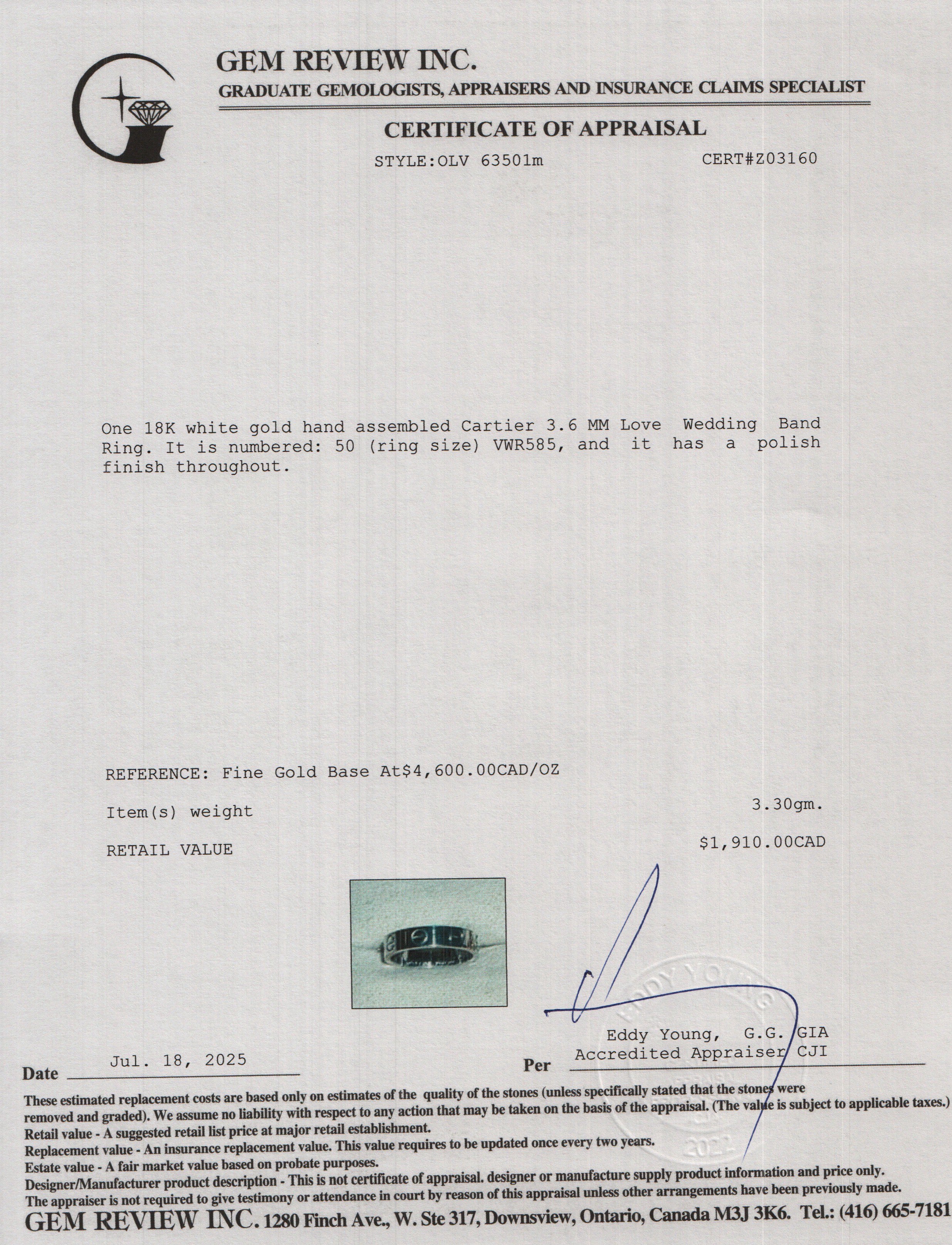 Cartier 2023 18k White Gold 3.6 MM Love Wedding Band Ring, Size 50 5.25 w/ Box & Certificate