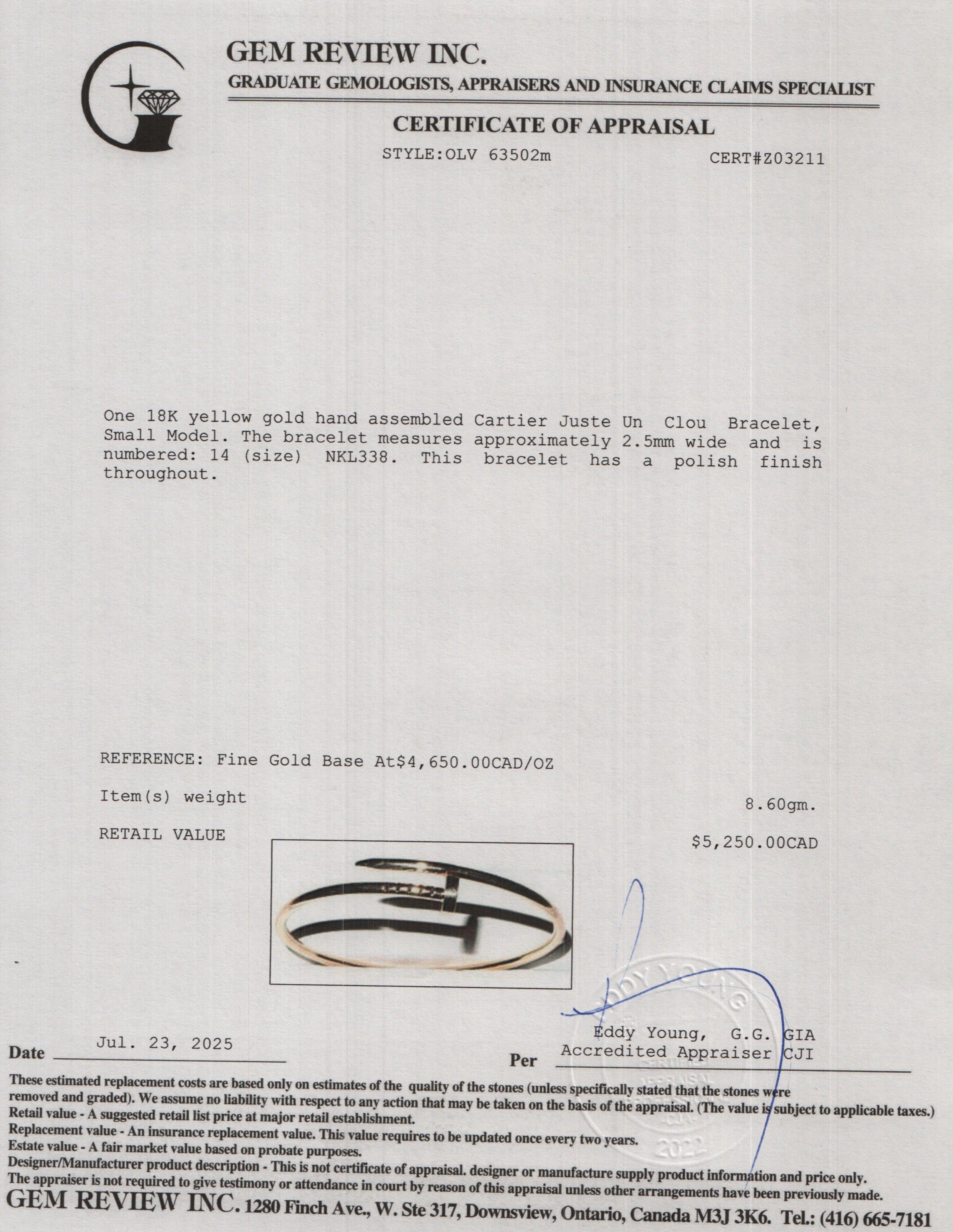 Cartier 2022 18k Yellow Gold Juste Un Clou Bracelet, Small Model Size 14 w/ Box & Receipt