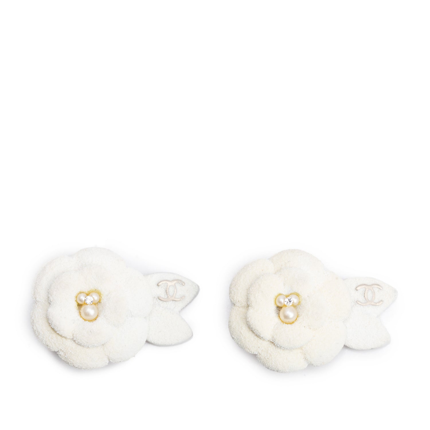 Chanel Vintage Silver Plated Faux Pearl & Strass Ivory Ceramic Camellia Flower CC Clip-On Earrings w/ Box