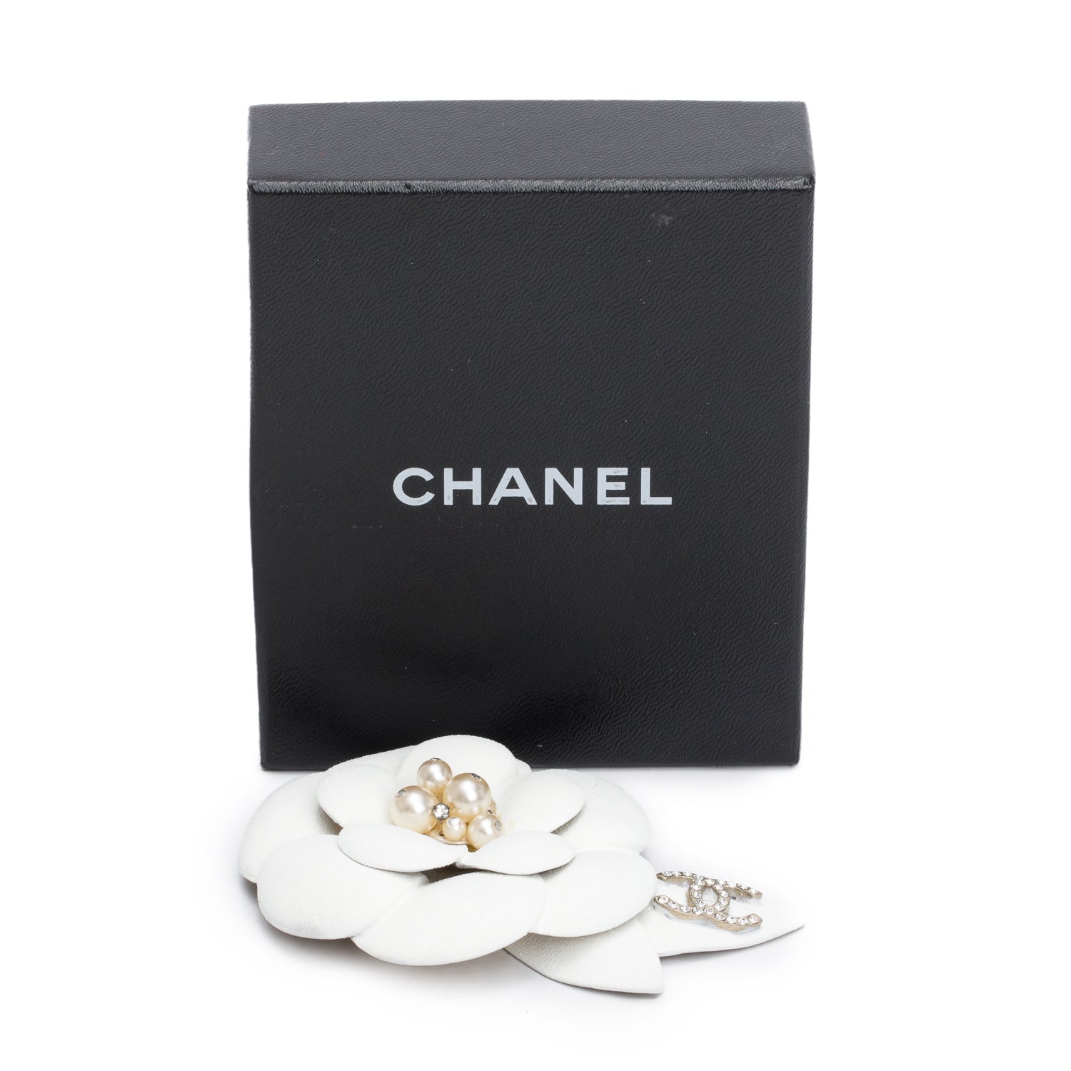 Chanel Vintage Silver Plated Faux Pearl & Strass Ivory Ceramic Large Camellia Flower CC Brooch w/ Box
