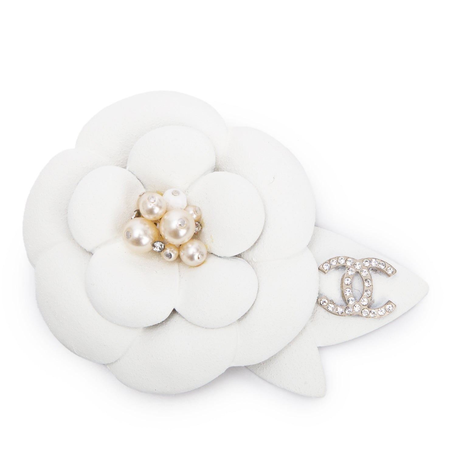 Chanel Vintage Silver Plated Faux Pearl & Strass Ivory Ceramic Large Camellia Flower CC Brooch w/ Box