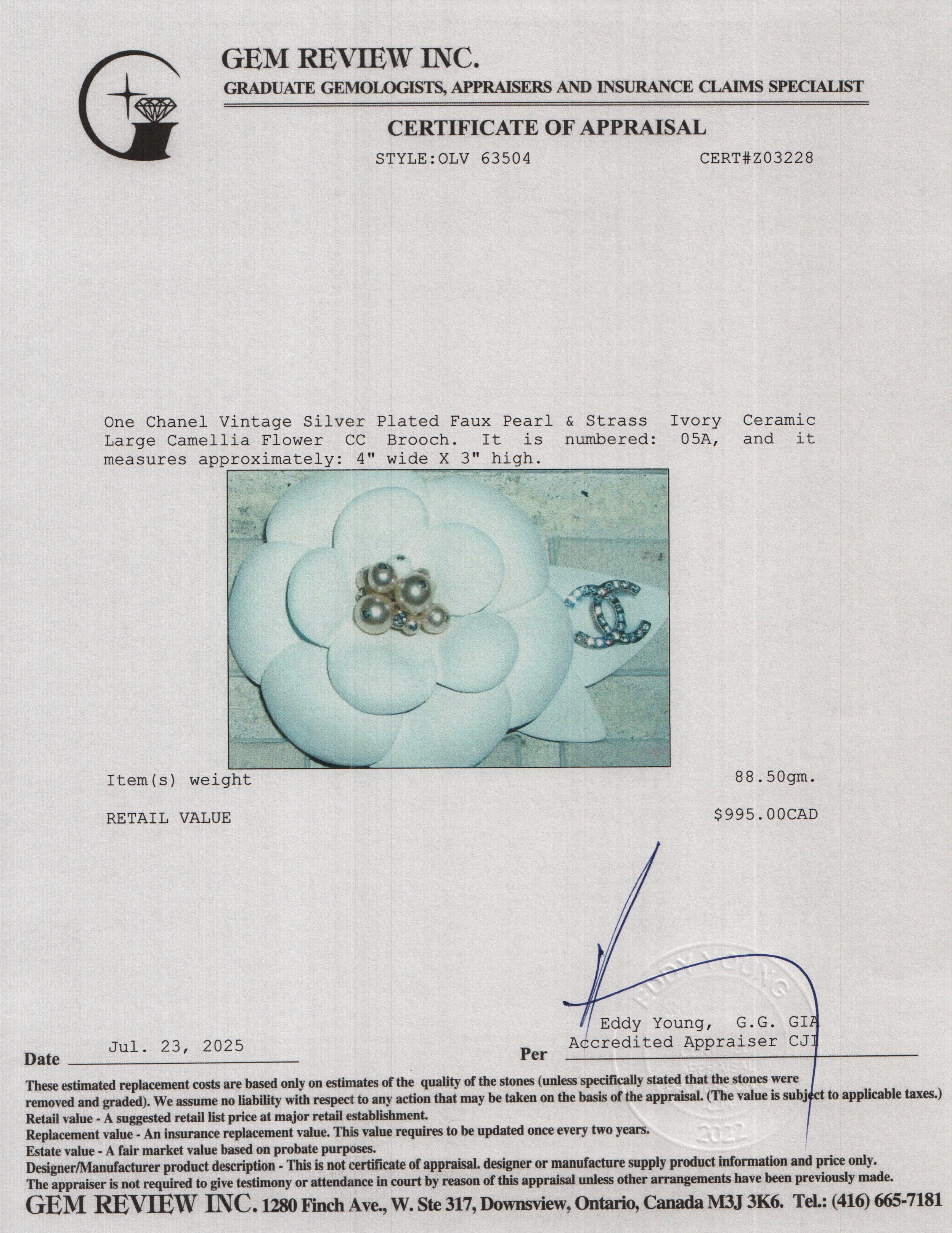 Chanel Vintage Silver Plated Faux Pearl & Strass Ivory Ceramic Large Camellia Flower CC Brooch w/ Box