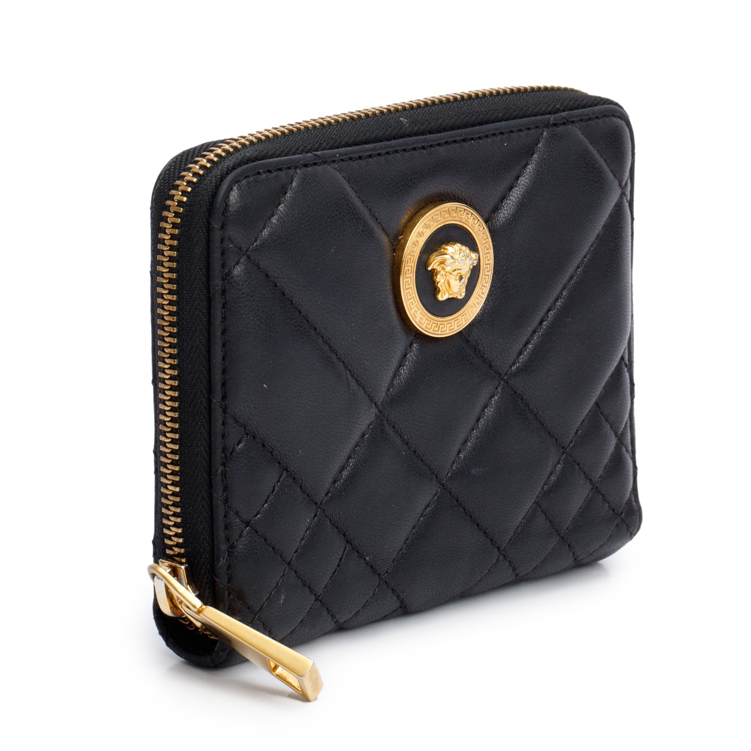 Versace Black Nappa Quilted Leather Compact Zip Around Wallet