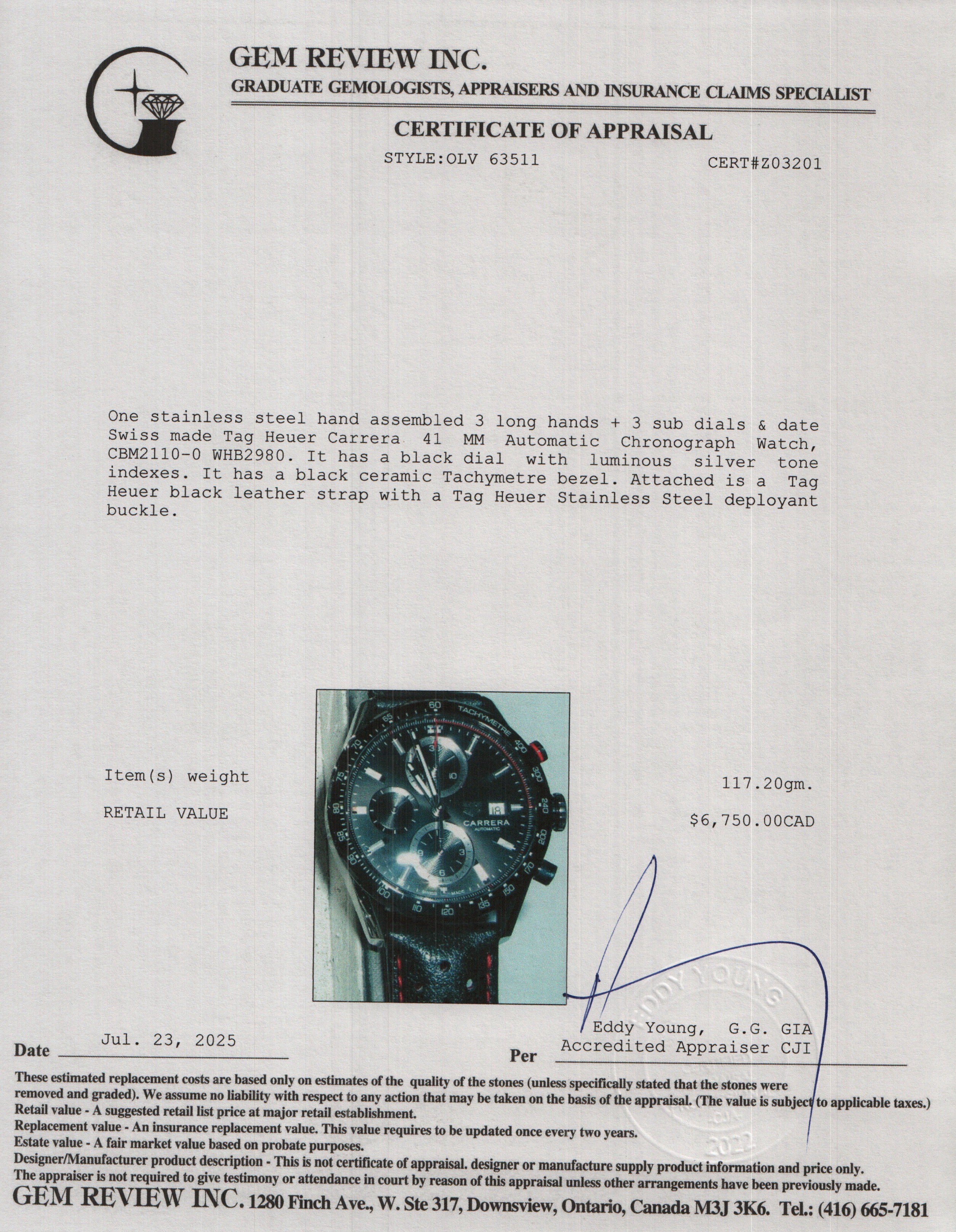 Tag Heuer Stainless Steel Carrera 41 MM Automatic Chronograph Watch CBM2110-0 w/ Box & Papers