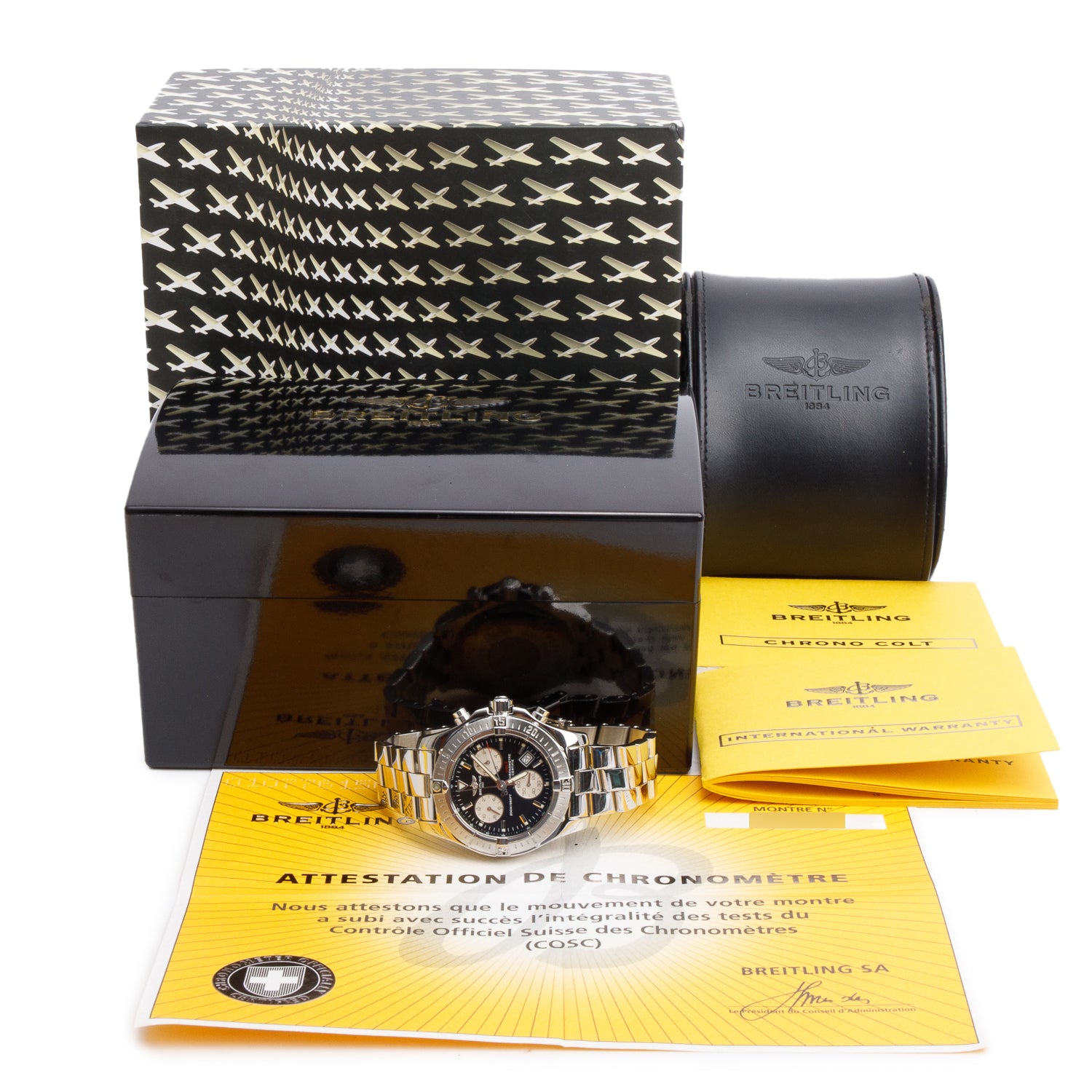 Breitling Stainless Steel Colt 41.5 MM Chronograph Quartz Watch Black Dial A73380 w/ Box & Papers